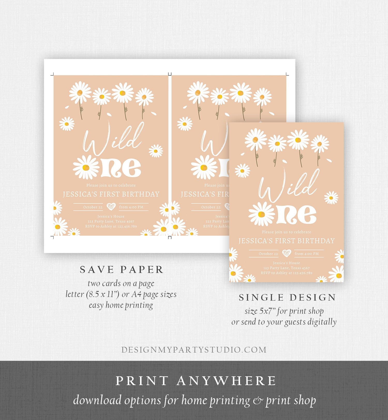 Editable Daisy Birthday Party Invitation Wild One Floral Girl Boho Sand First Birthday 1st Digital Download Template Corjl Printable 0410