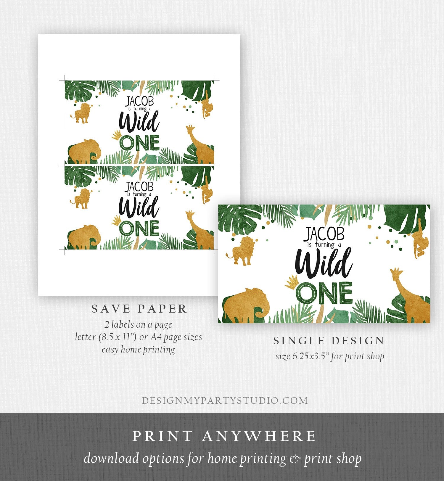 Editable Safari Animals Birthday Gable Gift Box Labels Party Animals Gold Green Wild One Jungle First Birthday Boy Digital Printable 0016