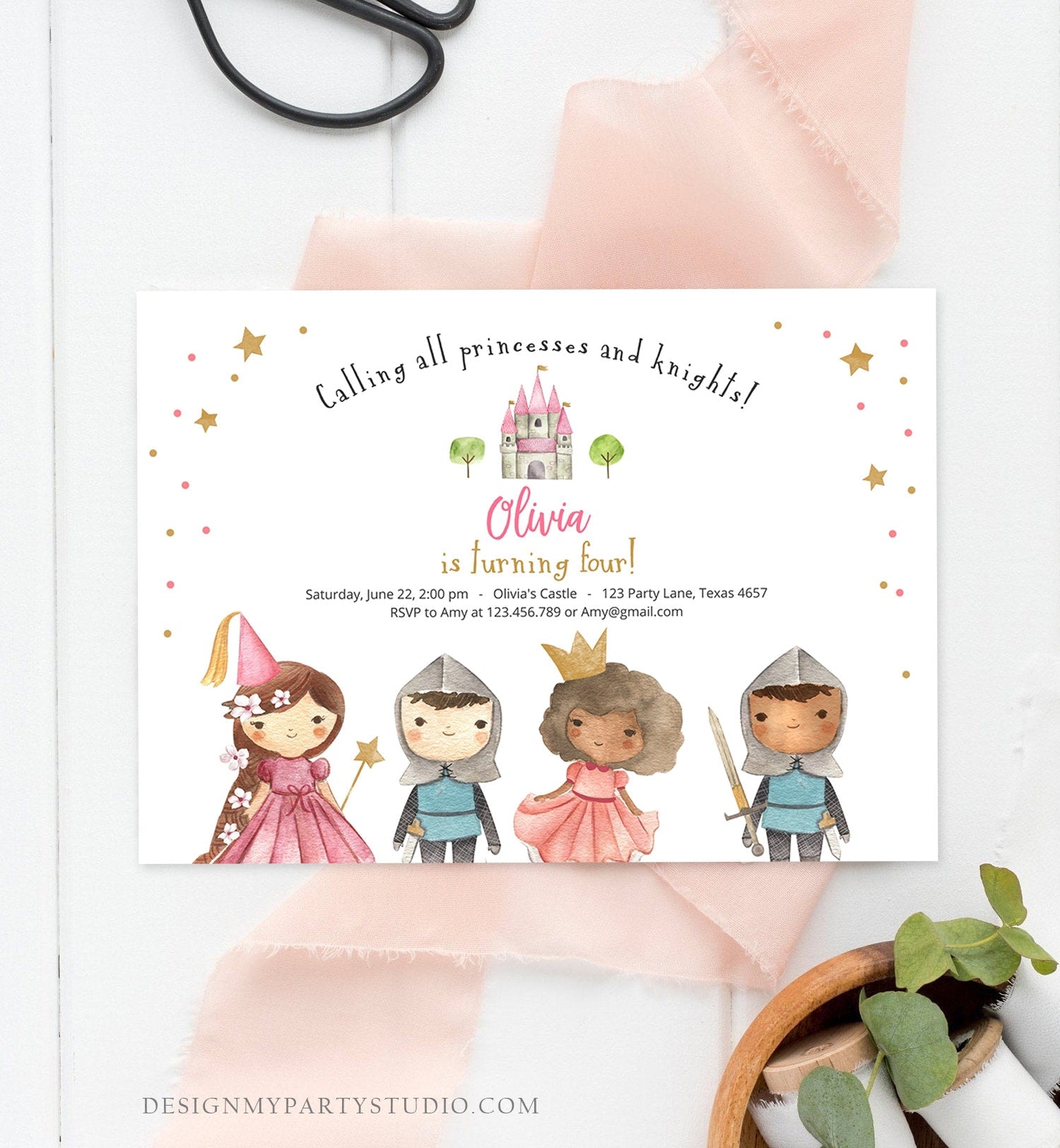 Editable Princess and Knight Birthday invitation Once Upon a Time Princess Birthday Girl Pink Castle Download Printable Template Corjl 0171