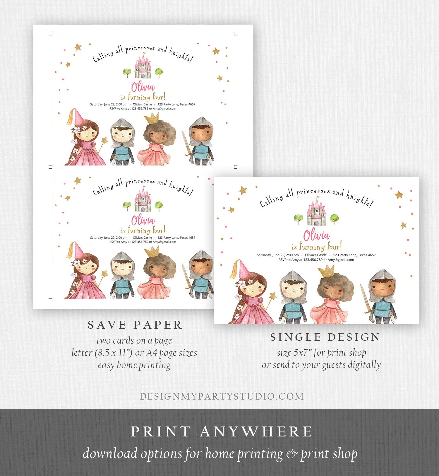 Editable Princess and Knight Birthday invitation Once Upon a Time Princess Birthday Girl Pink Castle Download Printable Template Corjl 0171