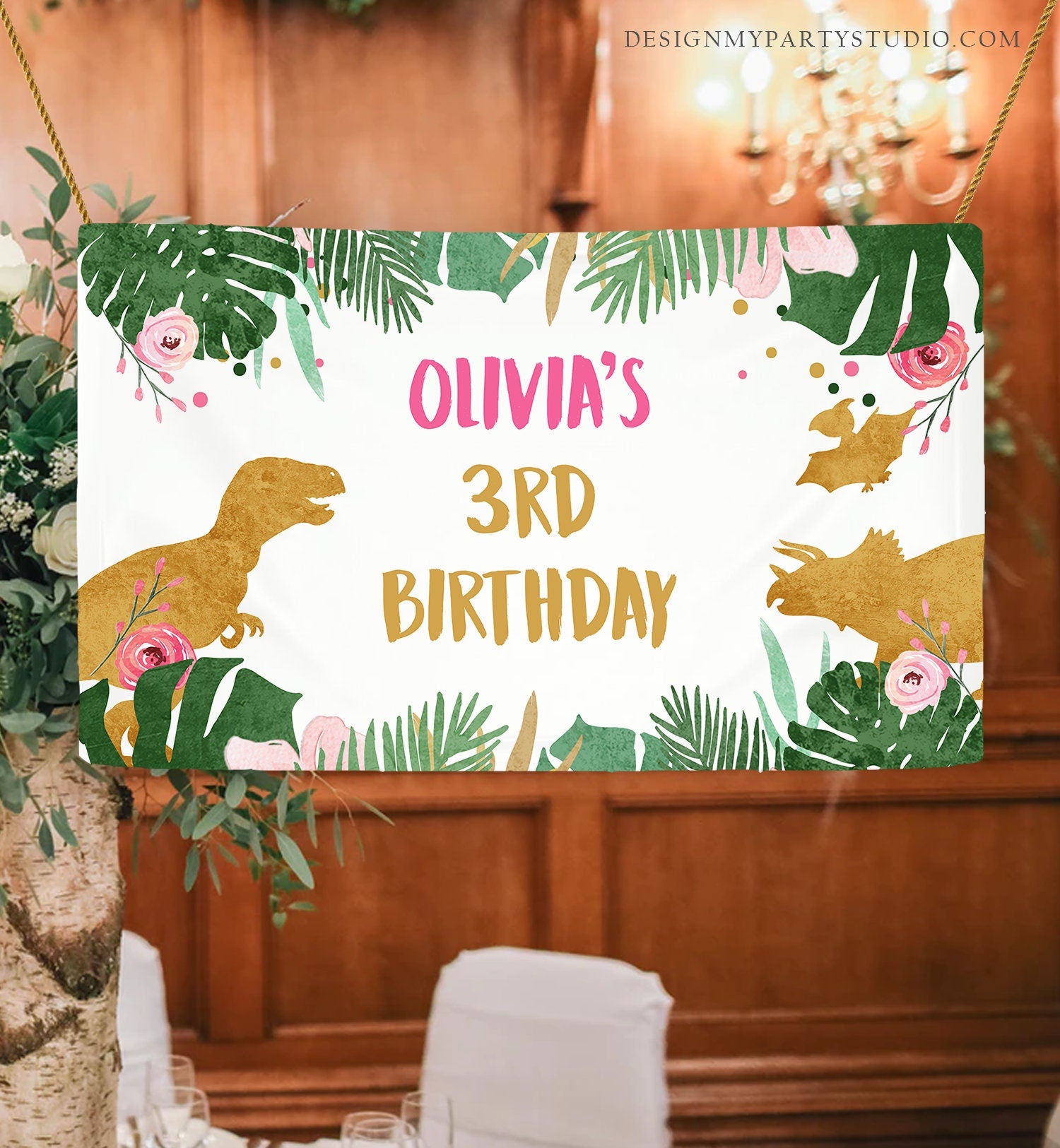 Editable Dinosaur Birthday Backdrop Banner Girl Pink Prehistoric Birthday Dino Party Welcome Sign Download Corjl Template Printable 0146