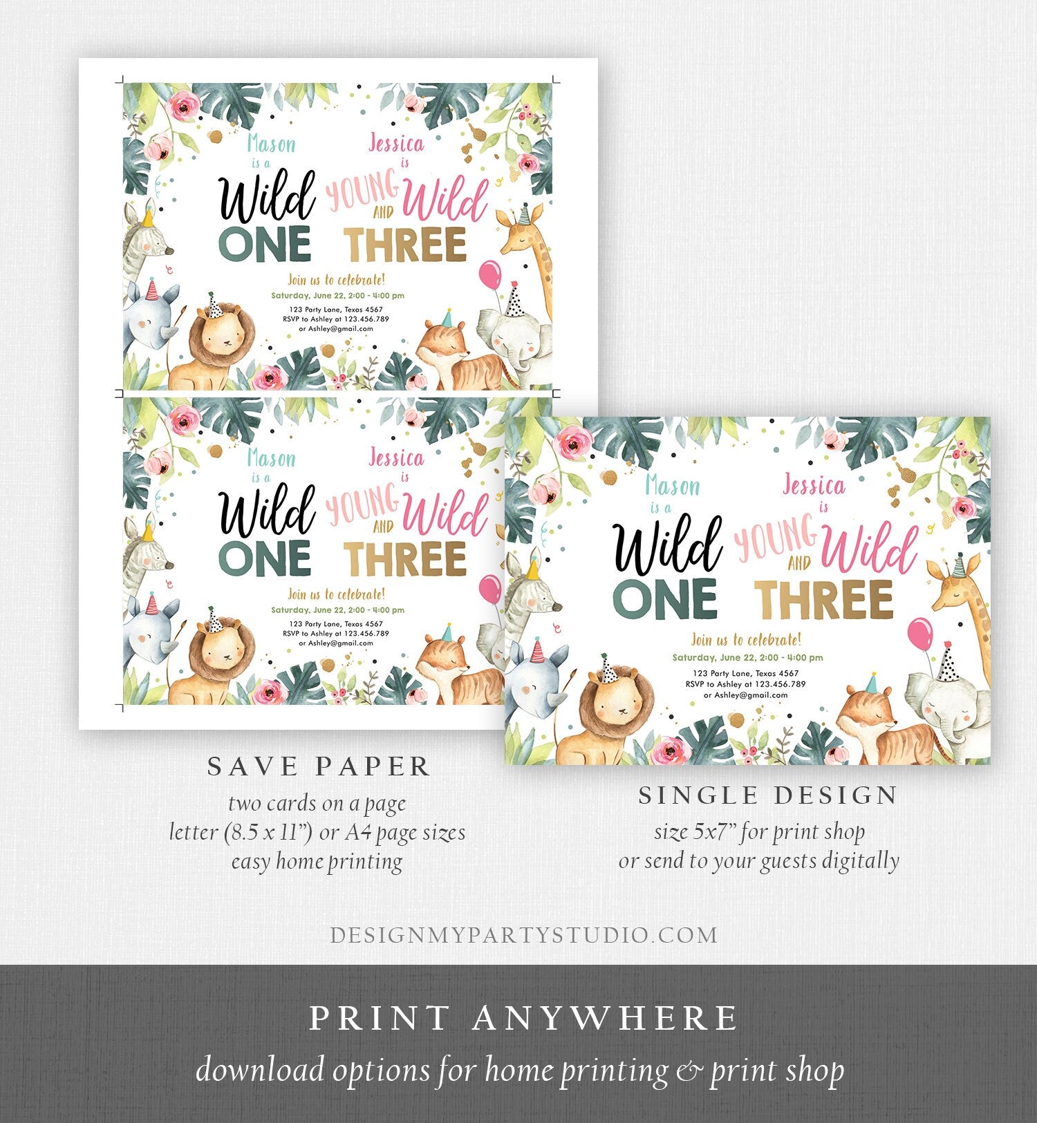 Editable Safari Animals Joint Birthday Invitation Boy Girl Wild One and Three Combined Party Zoo Wild and Three Template Digital Corjl 0163