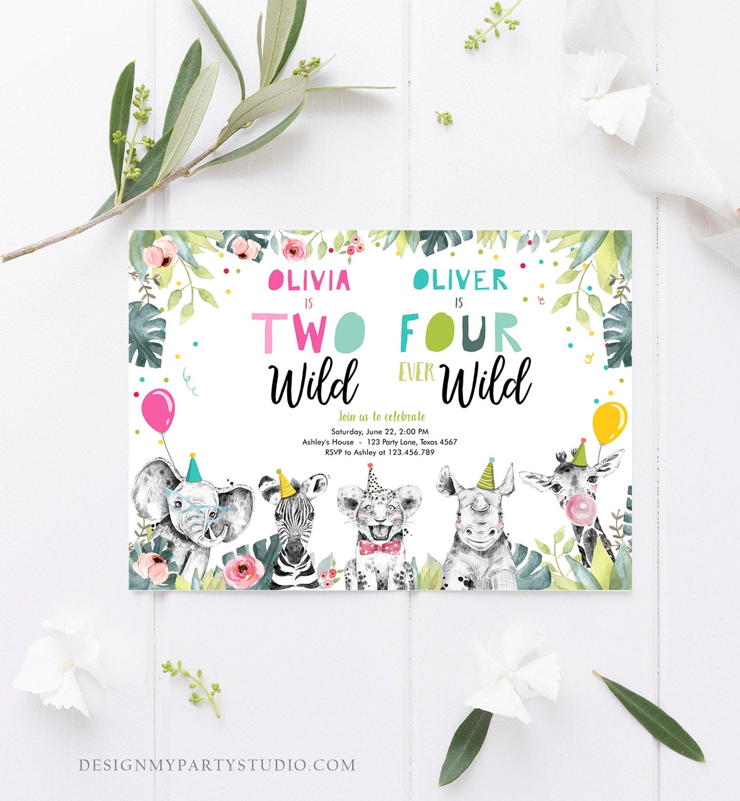 Editable Two Wild Four Ever Wild Birthday Invitation Party Animals Boy Girl Second Fourth 2nd 4th Safari Coed Joint Corjl Template 0322