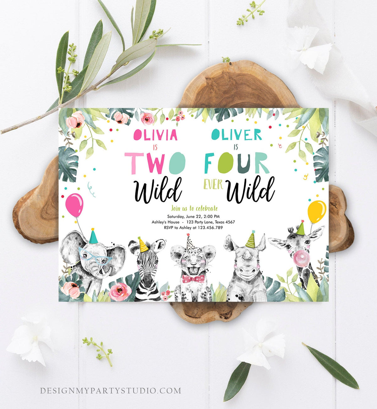 Editable Two Wild Four Ever Wild Birthday Invitation Party Animals Boy Girl Second Fourth 2nd 4th Safari Coed Joint Corjl Template 0322