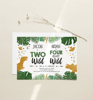 Editable Two Wild Four Ever Wild Dino-Four Dinosaur Birthday Invitation Dino T-Rex Second Fourth Boy Coed Joint Gold Corjl Template 0146