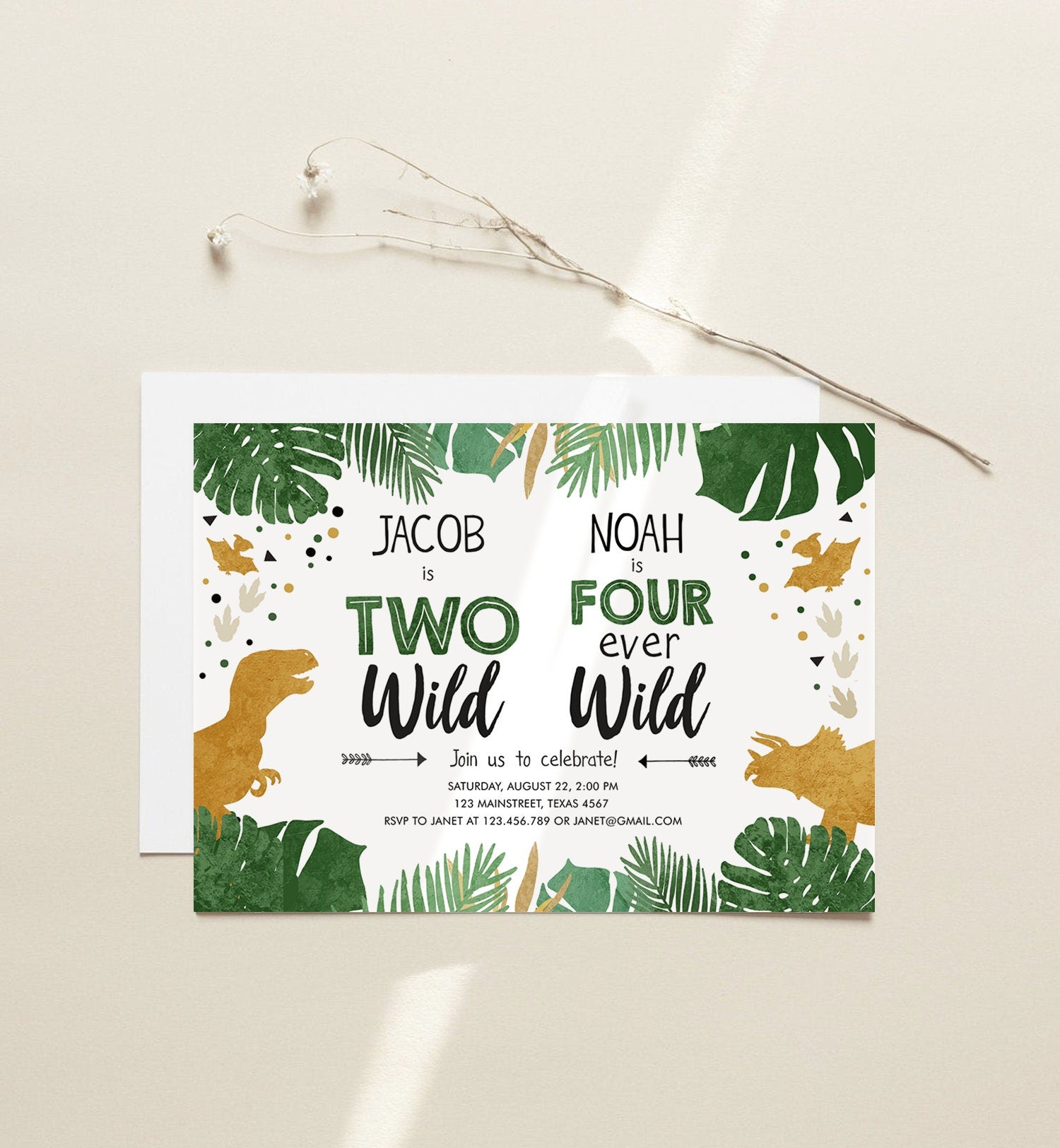 Editable Two Wild Four Ever Wild Dino-Four Dinosaur Birthday Invitation Dino T-Rex Second Fourth Boy Joint Party Gold Corjl Template 0146