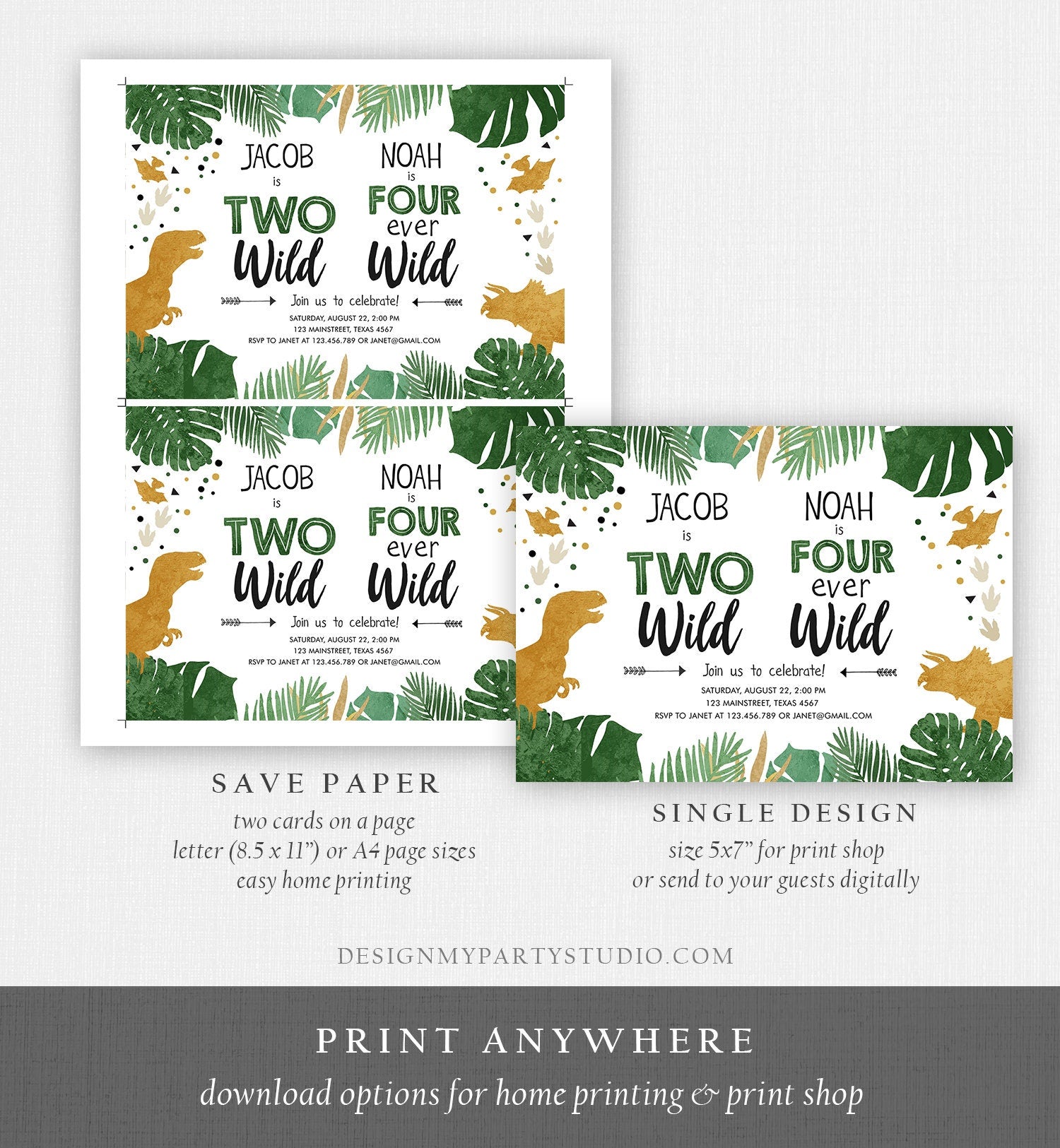 Editable Two Wild Four Ever Wild Dino-Four Dinosaur Birthday Invitation Dino T-Rex Second Fourth Boy Joint Party Gold Corjl Template 0146