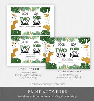 Editable Two Wild Four Ever Wild Dino-Four Dinosaur Birthday Invitation Dino T-Rex Second Fourth Boy Coed Joint Gold Corjl Template 0146