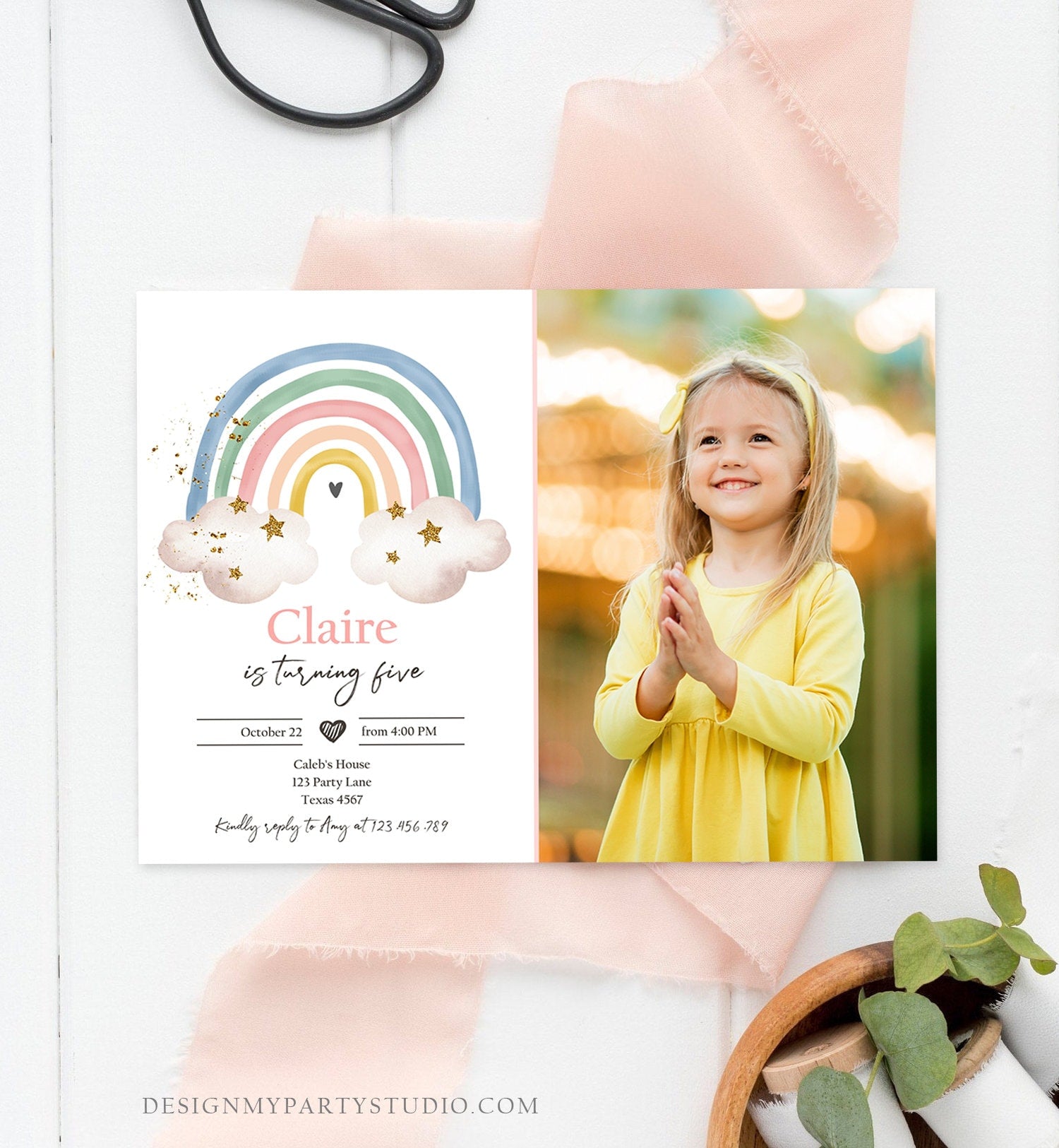 Editable Rainbow Birthday Invitation Pastel Rainbow Invite Girl Over The Rainbow Party Modern Boho Printable Download Corjl Template 0387