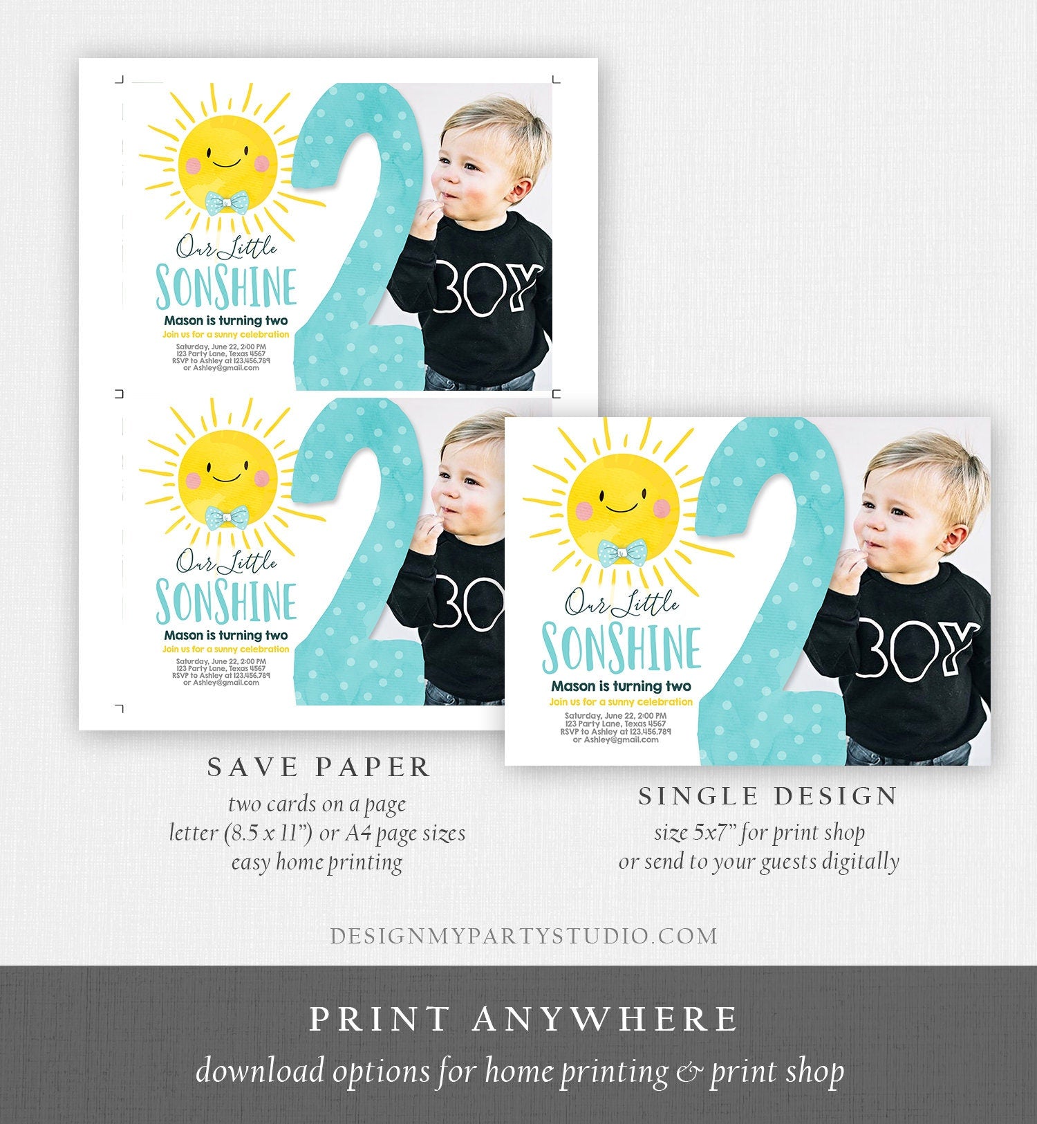 Editable Our Little Sonshine Birthday Invitation You Are My Sunshine Blue Boy Summer 2nd Birthday Two Download Printable Corjl Template 0141