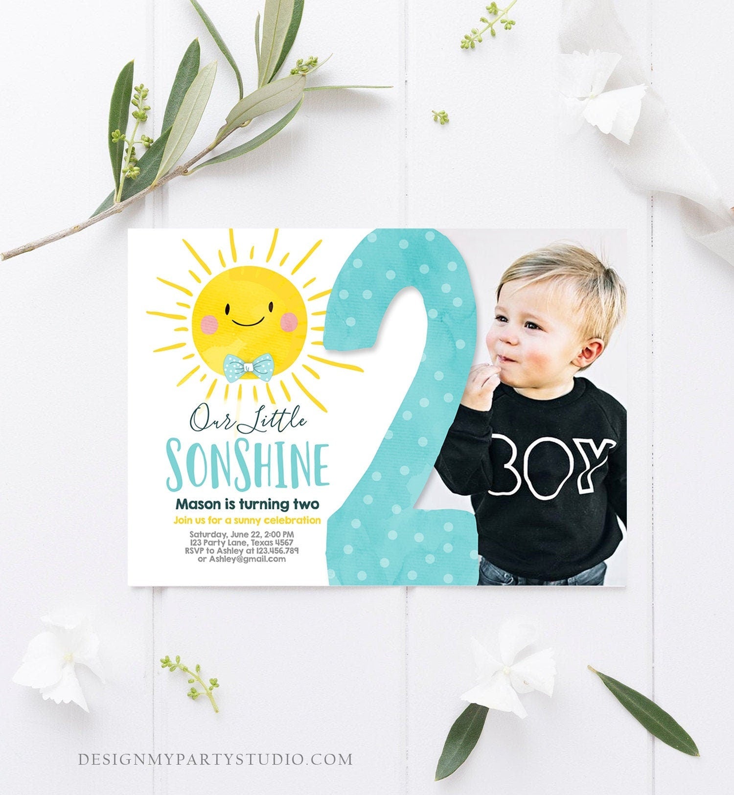 Editable Our Little Sonshine Birthday Invitation You Are My Sunshine Blue Boy Summer 2nd Birthday Two Download Printable Corjl Template 0141