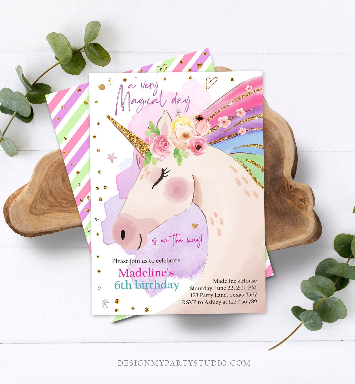 Editable Unicorn Invitation Unicorn Birthday Invitation Magical Unicorn Party Girl Pink Rainbow Digital Download Template Printable 0411