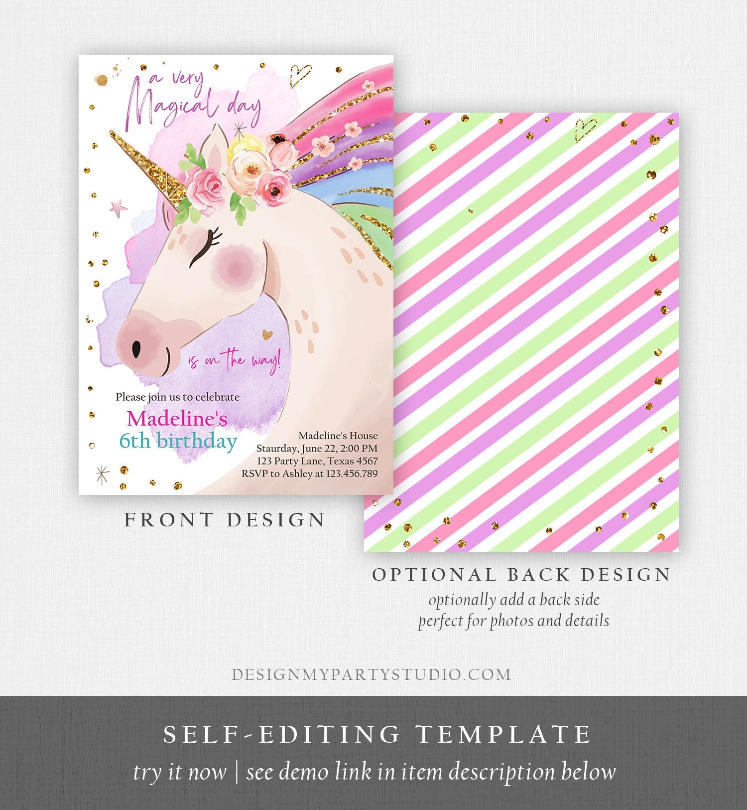 Editable Unicorn Invitation Unicorn Birthday Invitation Magical Unicorn Party Girl Pink Rainbow Digital Download Template Printable 0411