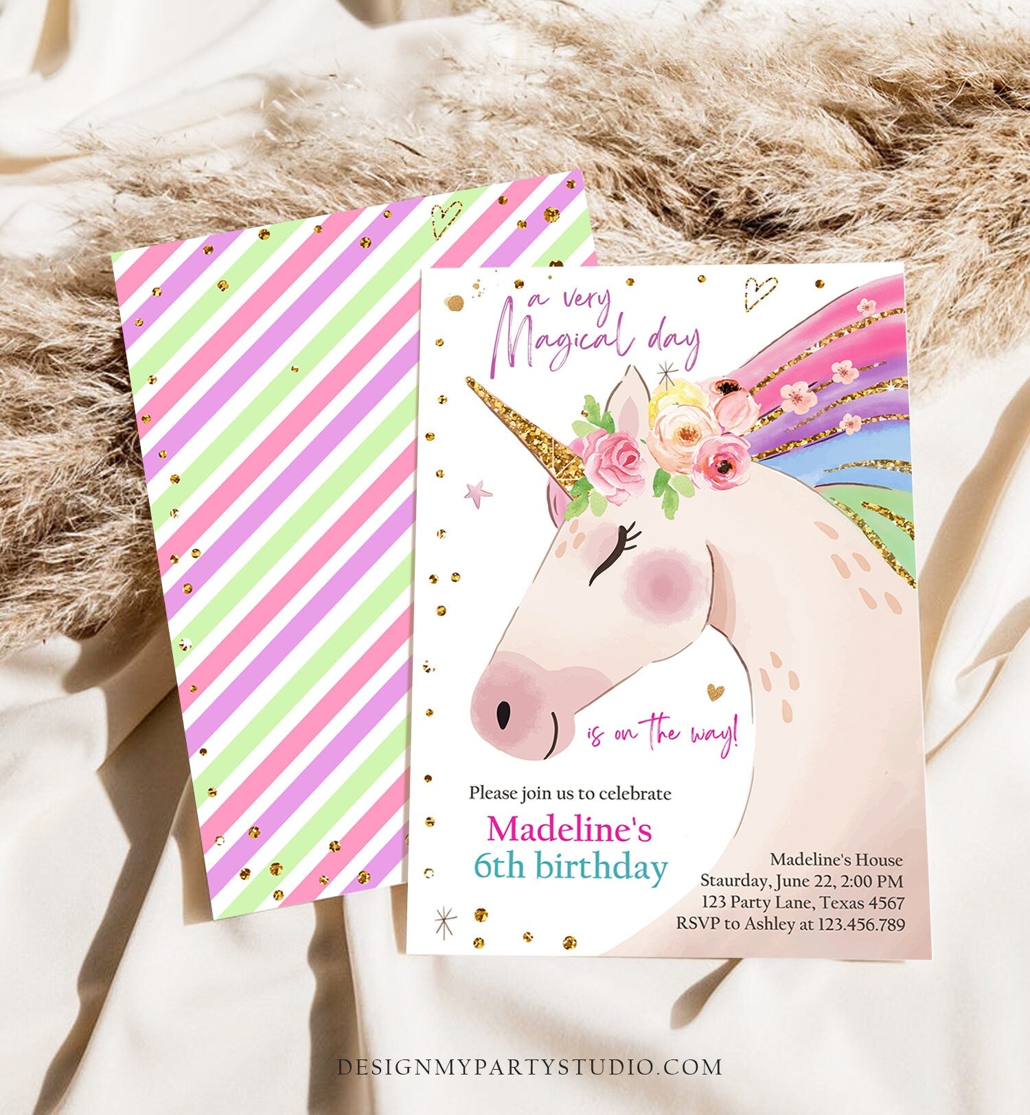 Editable Unicorn Invitation Unicorn Birthday Invitation Magical Unicorn Party Girl Pink Gold Rainbow Printable Corjl Template Digital 0411