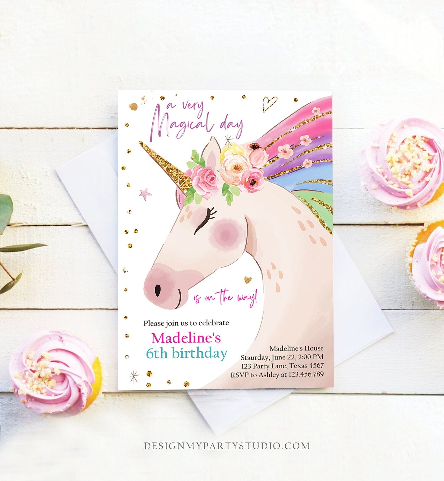 Editable Unicorn Invitation Unicorn Birthday Invitation Magical Unicorn Party Girl Pink Gold Rainbow Printable Corjl Template Digital 0411