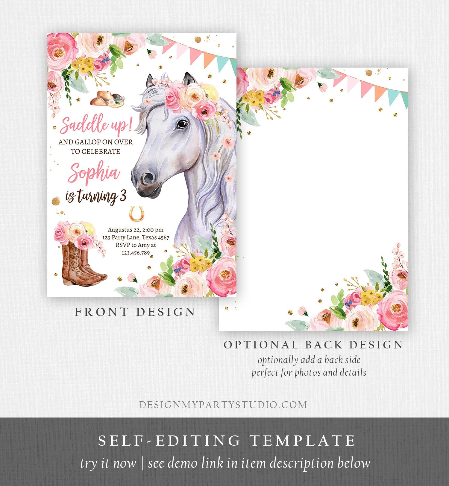 Editable Horse Birthday Invitation Girl Saddle Up Watercolor Cowgirl Party Horse Invite Pink Floral Download Printable Template Corjl 0408