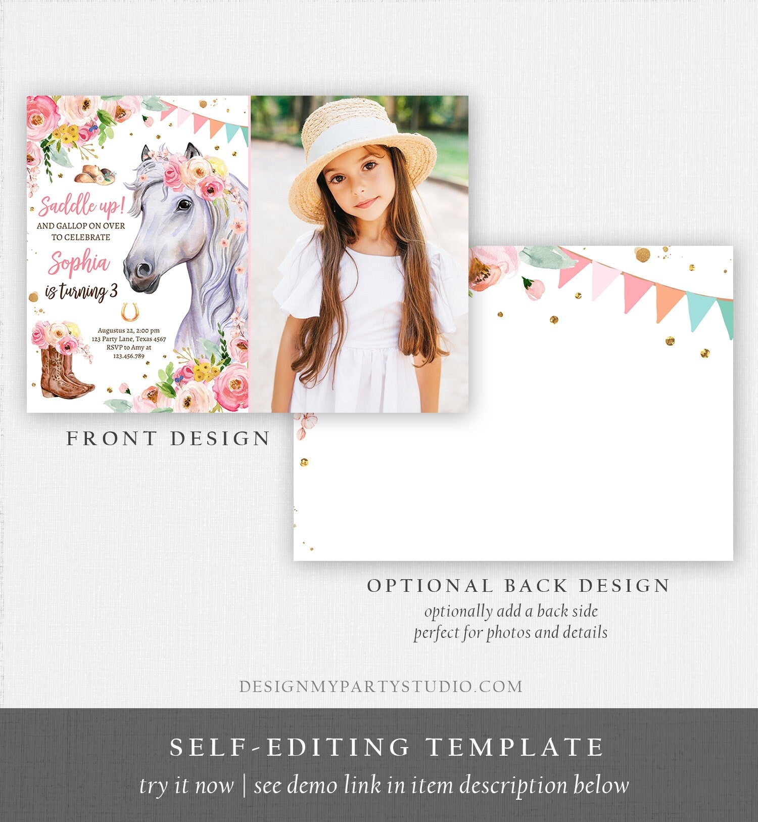 Editable Horse Birthday Invitation Girl Saddle Up Watercolor Cowgirl Party Horse Invite Pink Floral Download Evite Template Printable 0408