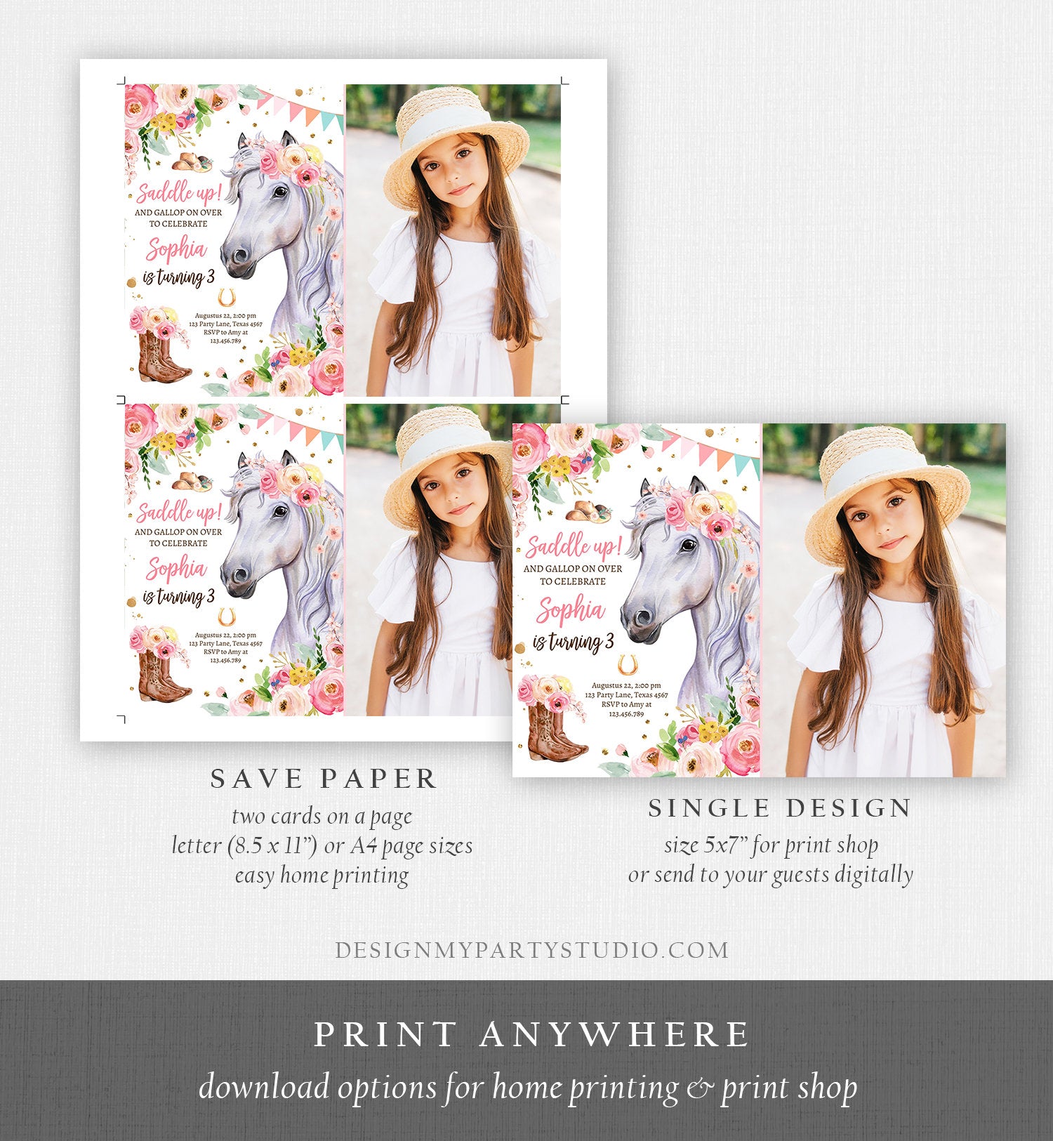 Editable Horse Birthday Invitation Girl Saddle Up Watercolor Cowgirl Party Horse Invite Pink Floral Download Evite Template Printable 0408