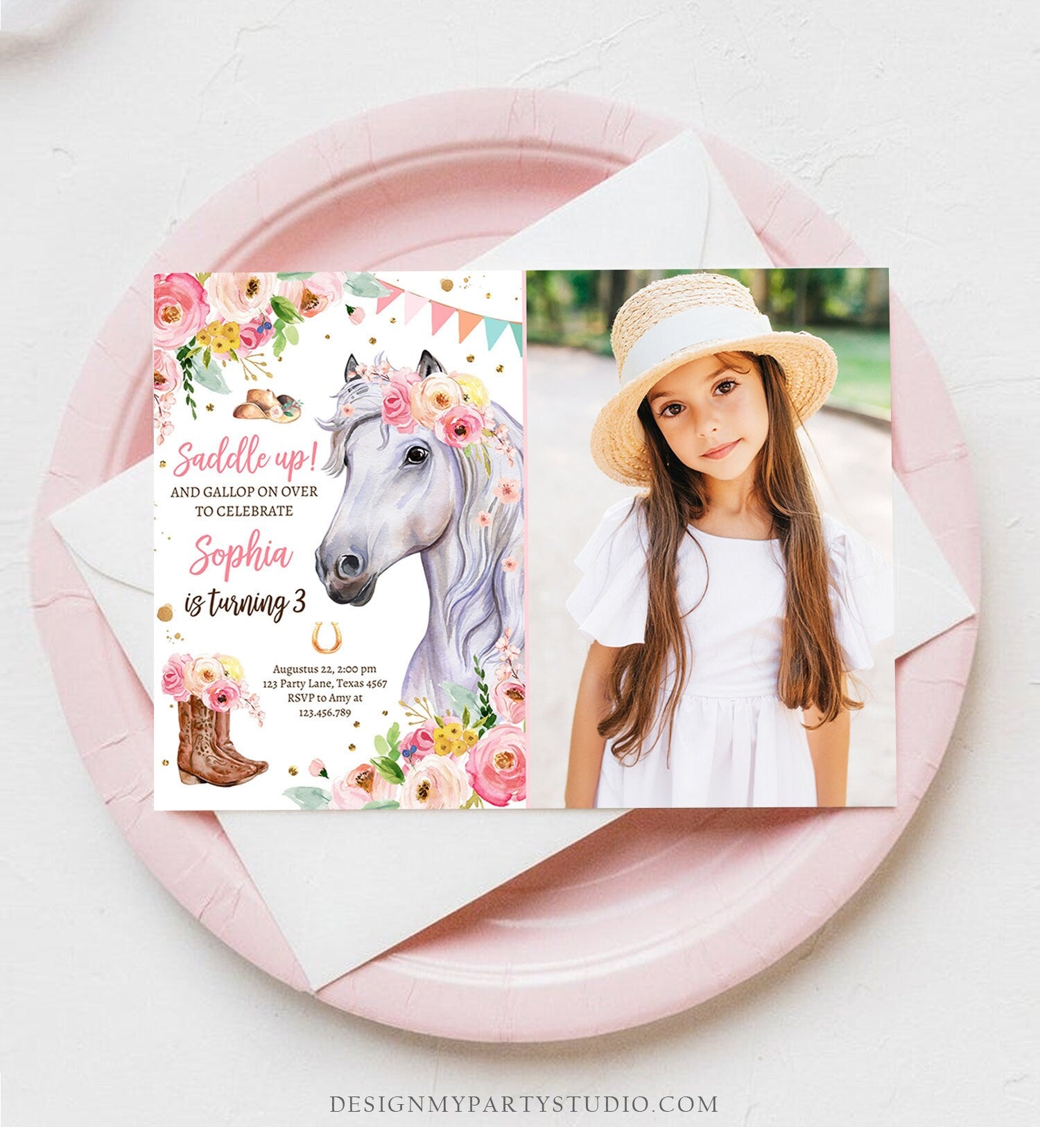 Editable Horse Birthday Invitation Girl Saddle Up Watercolor Cowgirl Party Horse Invite Pink Floral Download Evite Template Printable 0408