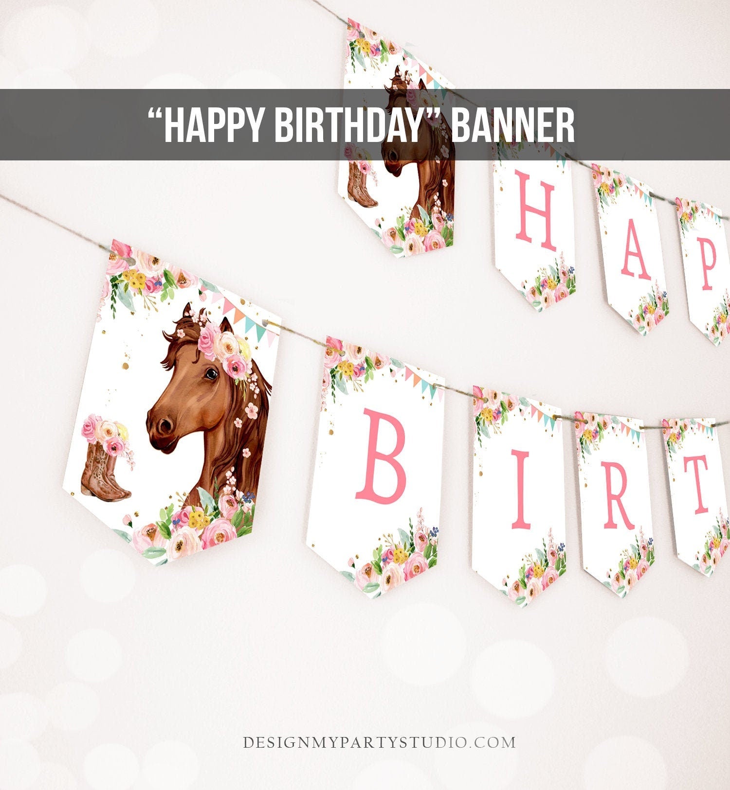 Happy Birthday Banner Horse Birthday Banner Saddle Up Watercolor Cowgirl Party Girl Pony Birthday Decor Download PRINTABLE DIGITAL DIY 0408