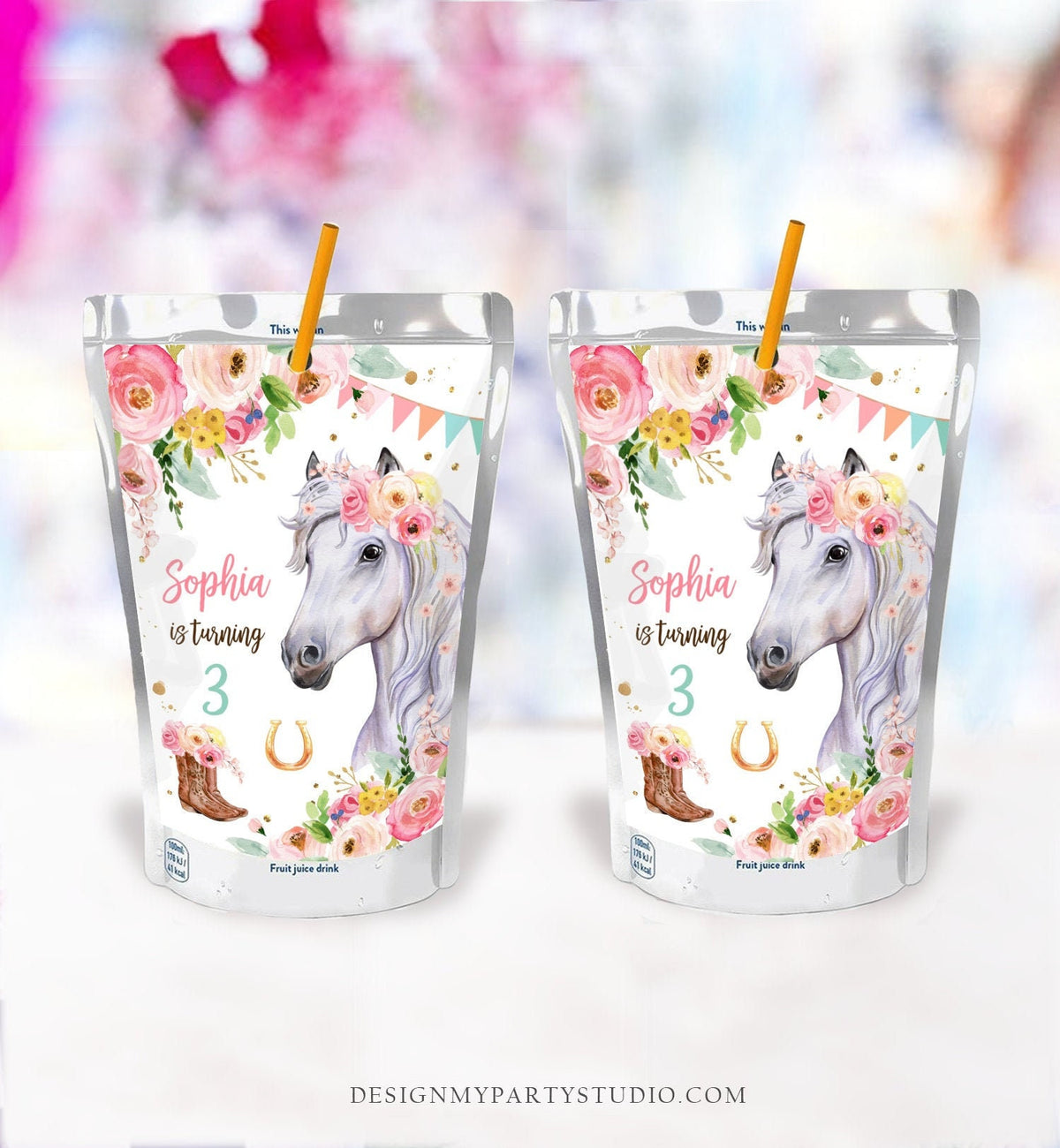 Editable Horse Birthday Juice Pouch Label Juice Favors Cowgirl Party Girl Birthday Decor Floral Digital Download Template Printable 0408