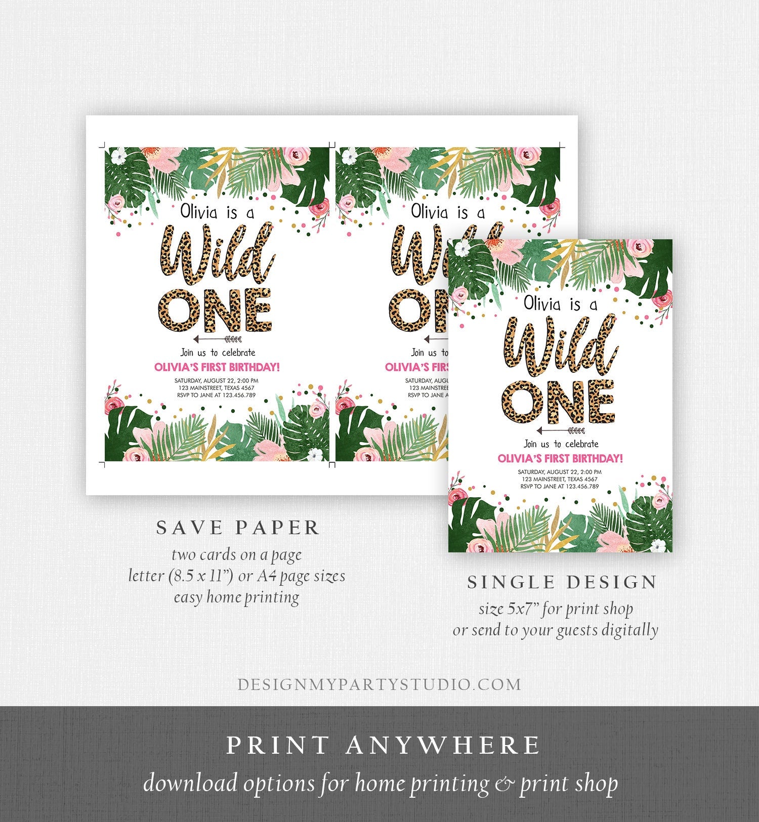 Editable Wild One Birthday Invitation Girl Tropical Safari Leopard Print Wild Child 1st Birthday Digital Download Template Printable 0332