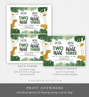 Editable Two Wild Young Wild and Three Dinosaur Birthday Invitation Dino T-Rex Second Third Boy Siblings Joint Gold Corjl Template 0146