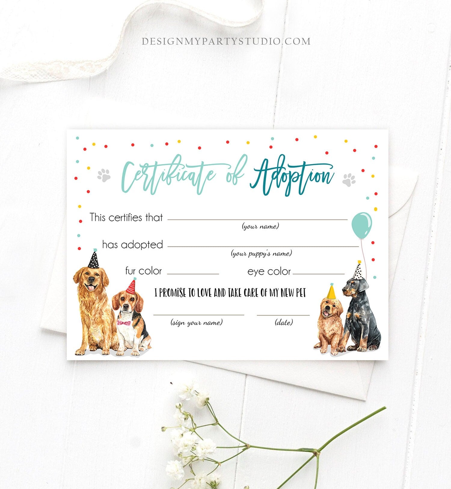 Pet Adoption Certificate Puppy Adoption Dog Birthday Party Adopt A Pet Boy Vet Puppy Adoption Blue Instant Download Digital PRINTABLE 0384