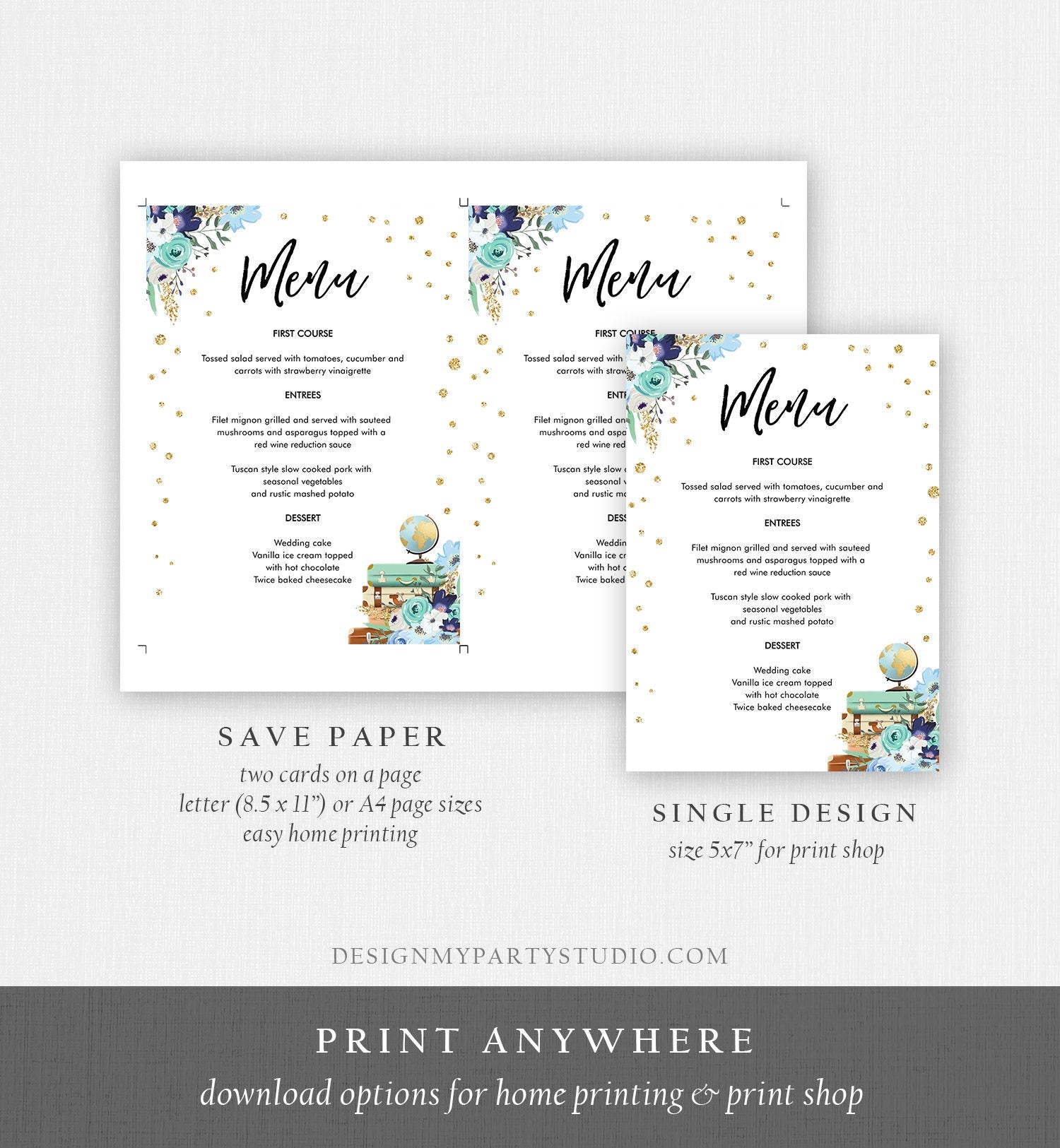 Editable Travel Menu Card Bridal Shower Pink Floral Gold Confetti Baby Shower Suitcases Adventure Digital Download Template Printable 0030