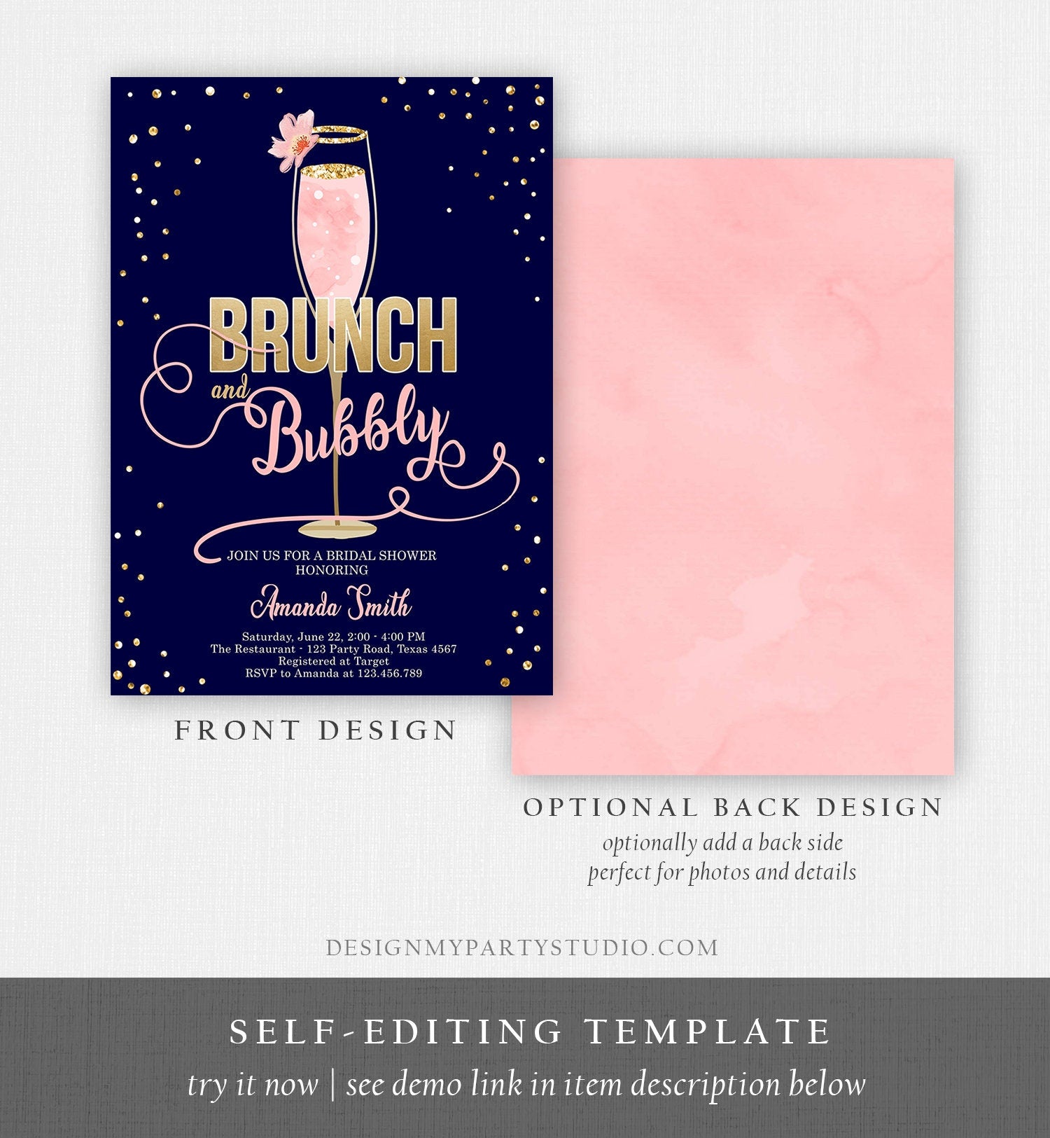 Editable Brunch and Bubbly Bridal Shower Invitation Floral Champagne Gold Pink Wedding Download Printable Template Digital Corjl 0150