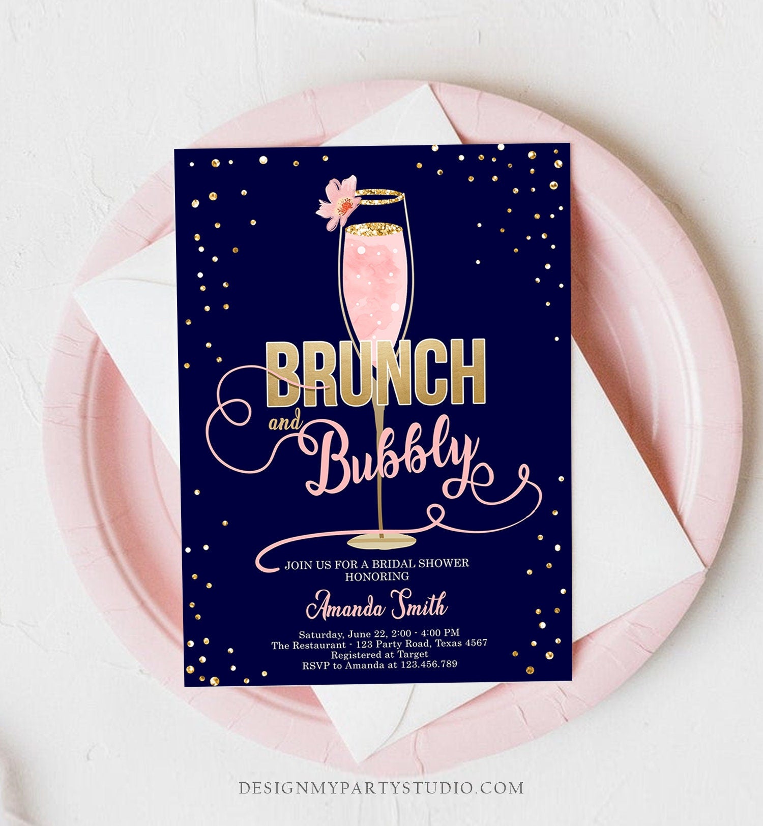 Editable Brunch and Bubbly Bridal Shower Invitation Floral Champagne Gold Pink Wedding Download Printable Template Digital Corjl 0150