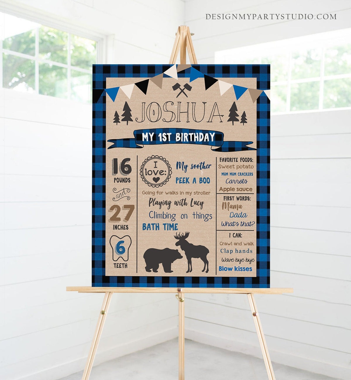 Editable Lumberjack Birthday Milestones Sign Poster Boy First Birthday 1st Dark Navy Blue Black Plaid Woodland Bear Corjl Template 0026