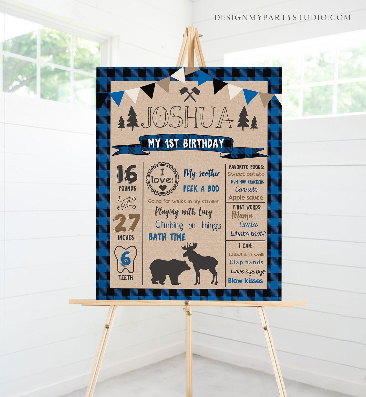 Editable Lumberjack Birthday Milestones Sign Poster Boy First Birthday 1st Dark Navy Blue Black Plaid Woodland Bear Corjl Template 0026