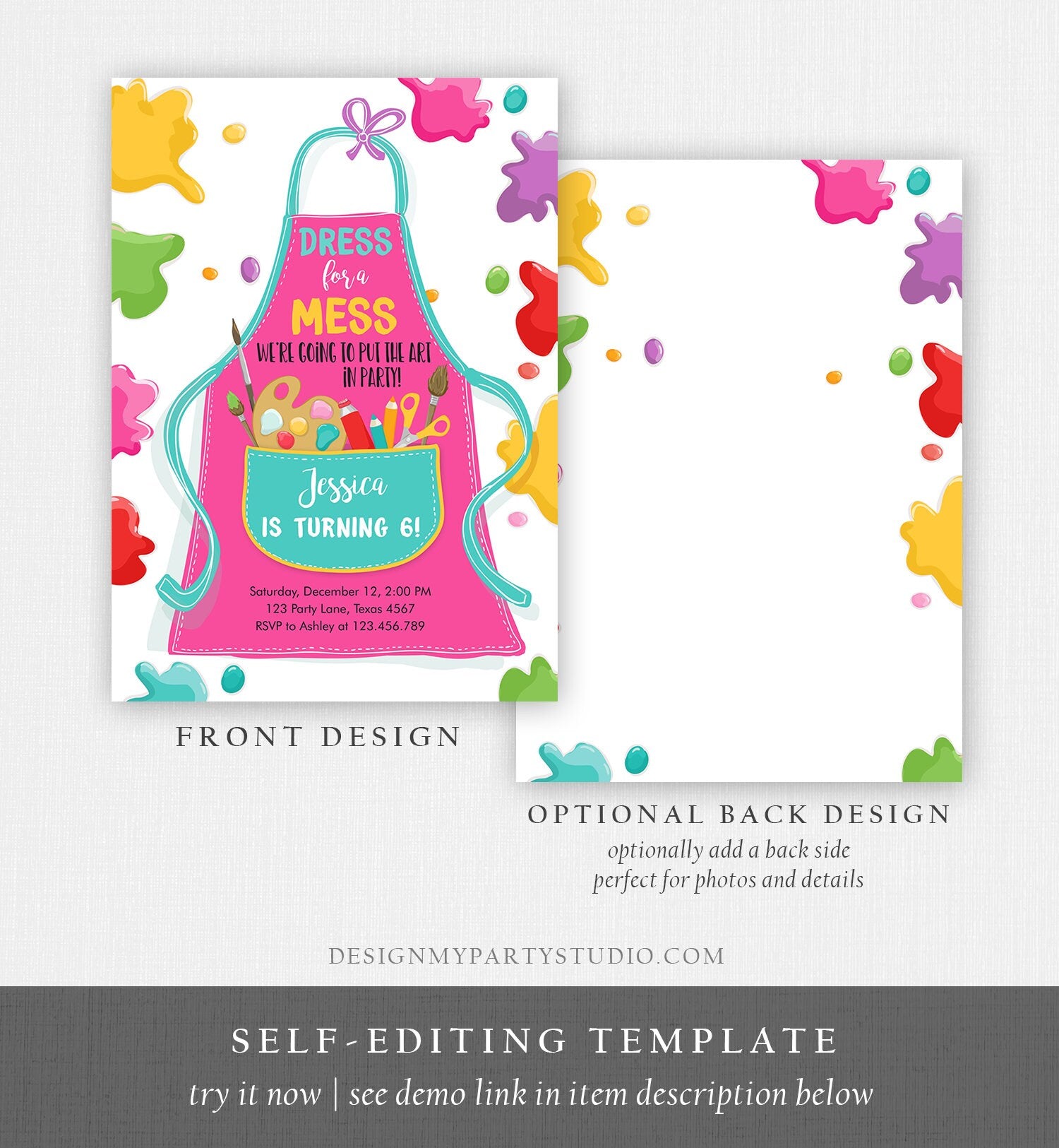 Editable Painting Party Invitation Art Party Birthday Invite Girl Pink Paint Craft Party Download Printable Template Digital Corjl 0319