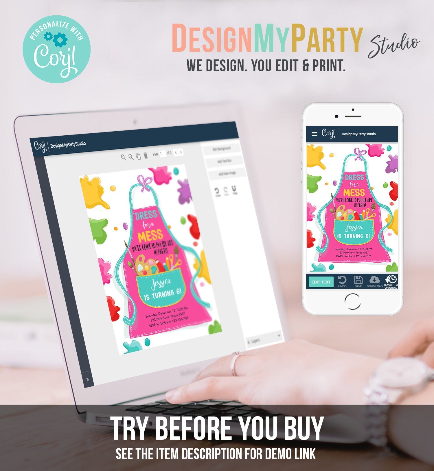 Editable Painting Party Invitation Art Party Birthday Invite Girl Pink Paint Craft Party Download Printable Template Digital Corjl 0319