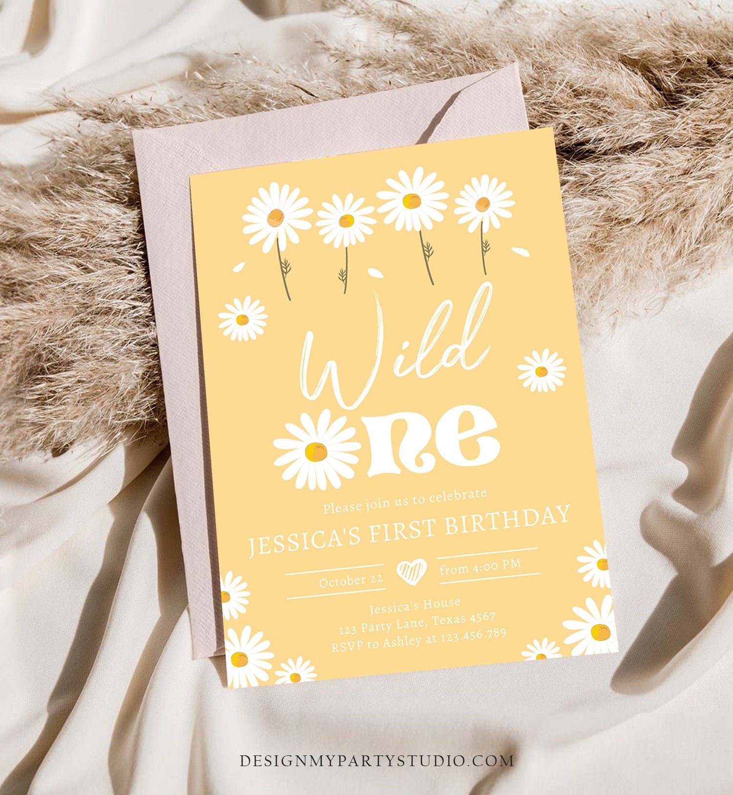 Editable Daisy Birthday Party Invitation Wild One Floral Girl Boho Yellow First Birthday 1st Digital Download Template Corjl Printable 0410