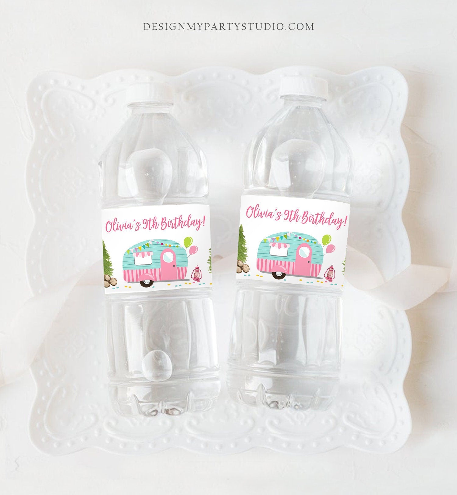 Editable Happy Camper Water Bottle Label Pink Camping Party Glamping Outdoor Girl Birthday Camper Download Corjl Template Printable 0342