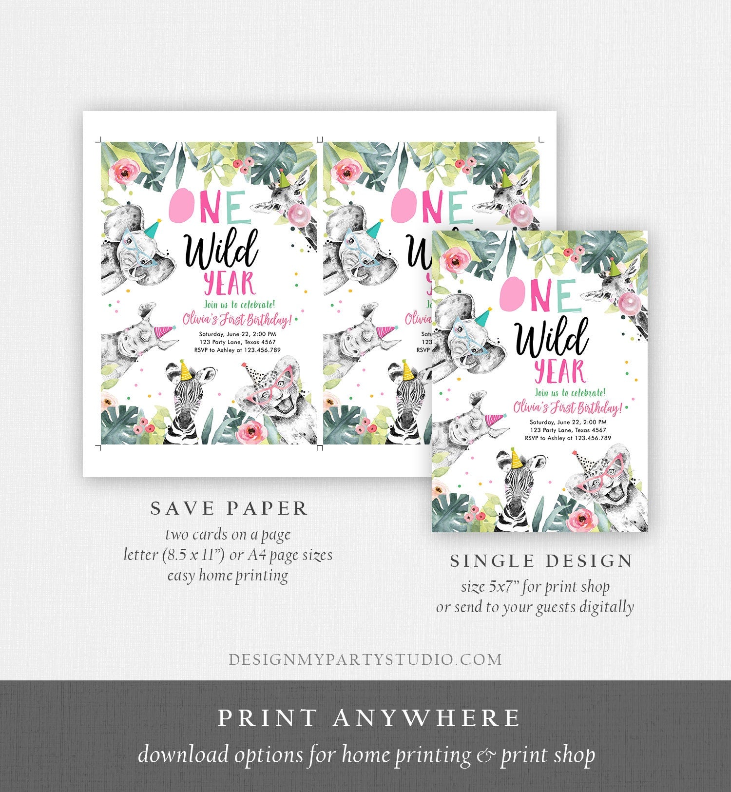 Editable One Wild Year Birthday Invitation Safari Party Animals Girl Pink First Birthday Wild One Monochrome Corjl Template Printable 0322