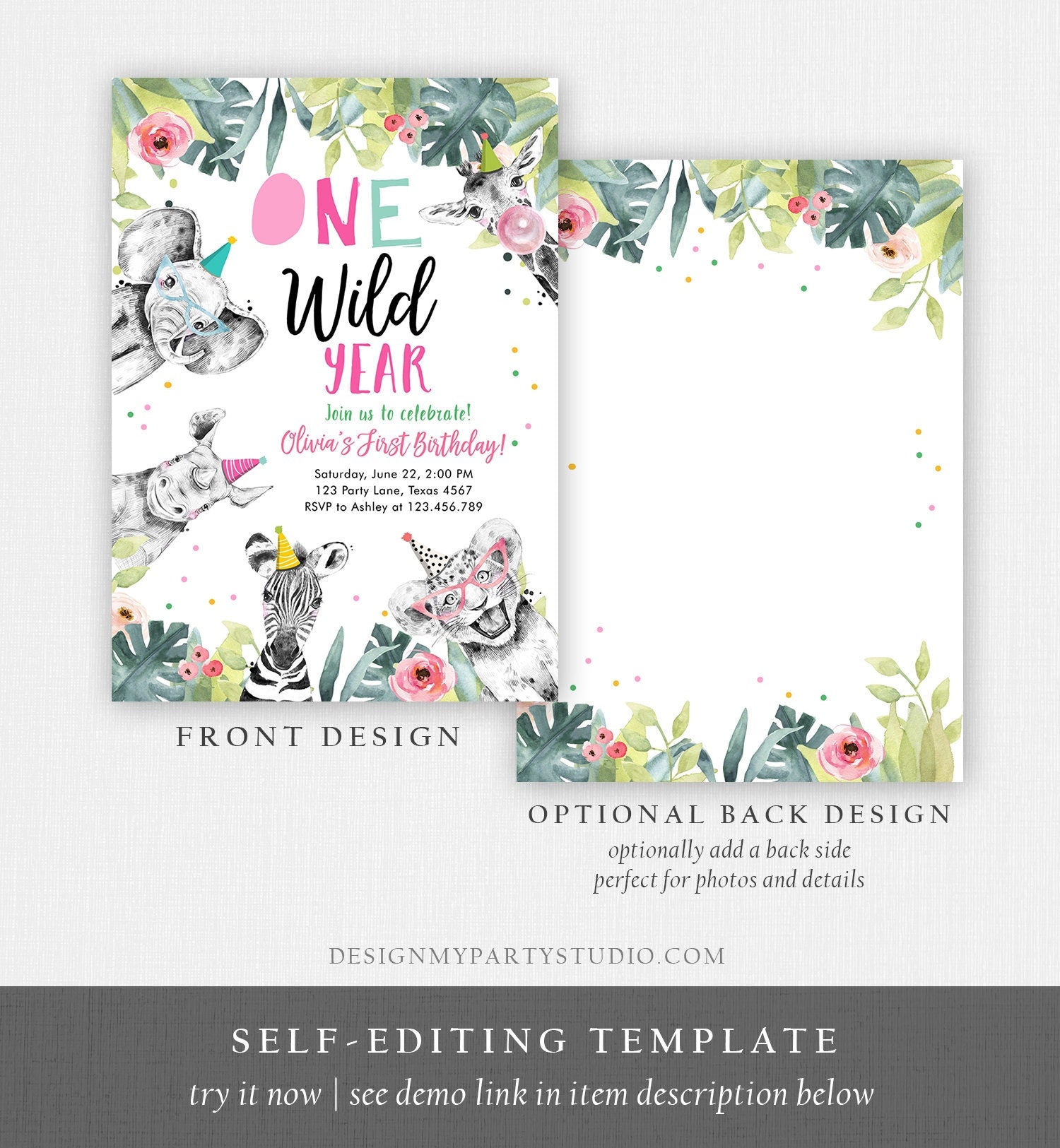 Editable One Wild Year Birthday Invitation Safari Party Animals Girl Pink First Birthday Wild One Monochrome Corjl Template Printable 0322