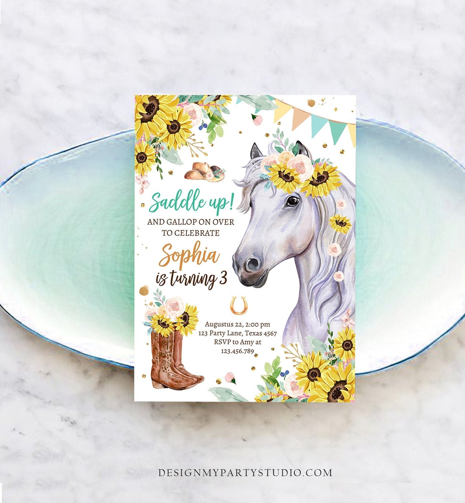 Editable Cowgirl Birthday Invitation Girl Saddle Up Watercolor Horse Party Horse Birthday Sunflowers Download Printable Template Corjl 0408