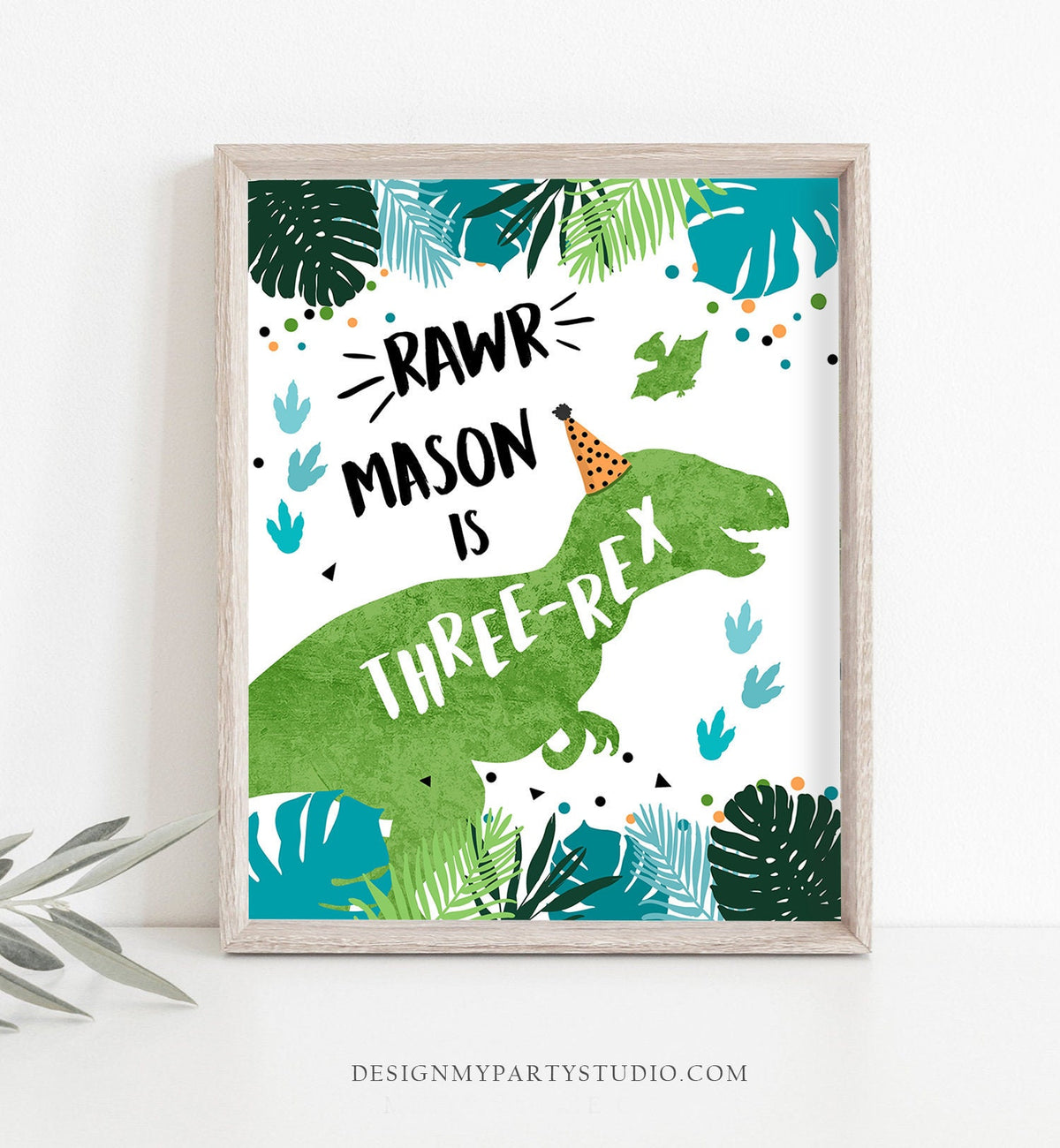 Editable Three-Rex Dinosaur Sign Boy Dino T-Rex Green Blue Dinosaur Third Birthday Table Sign 3rd Download Corjl Template PRINTABLE 0389