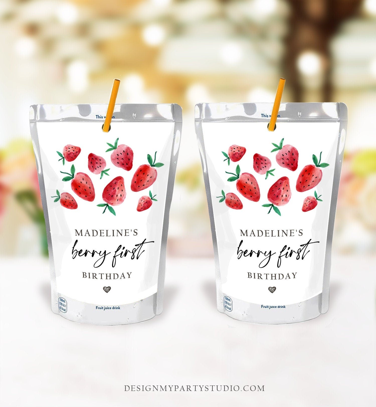 Editable Strawberry Juice Pouch Label Juice Favors Strawberry Birthday Party Girl Berry Sweet Digital Download Template Printable 0399