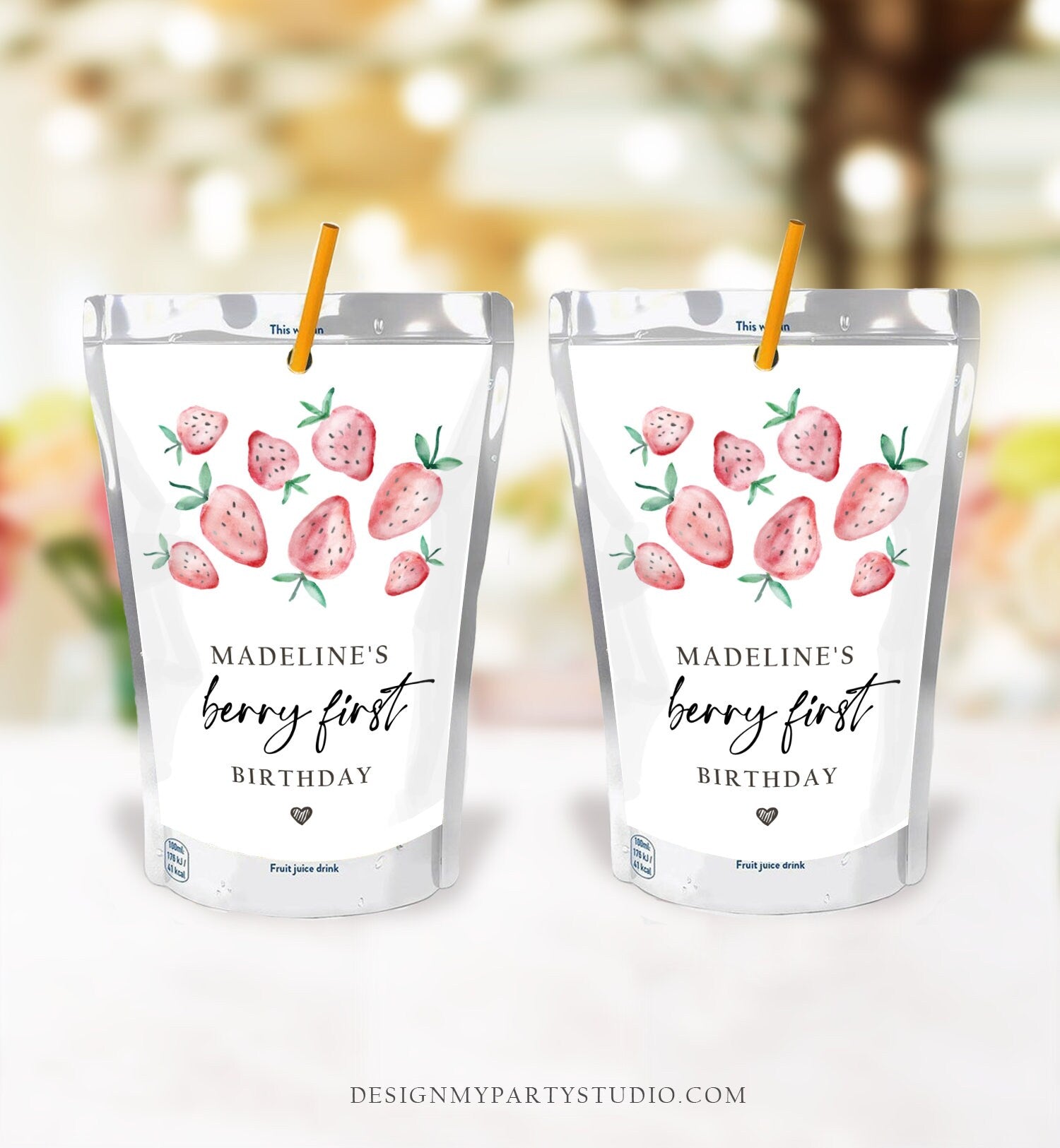 Editable Strawberry Juice Pouch Label Juice Favors Strawberry Birthday Party Girl Berry Sweet Digital Download Template Printable 0399