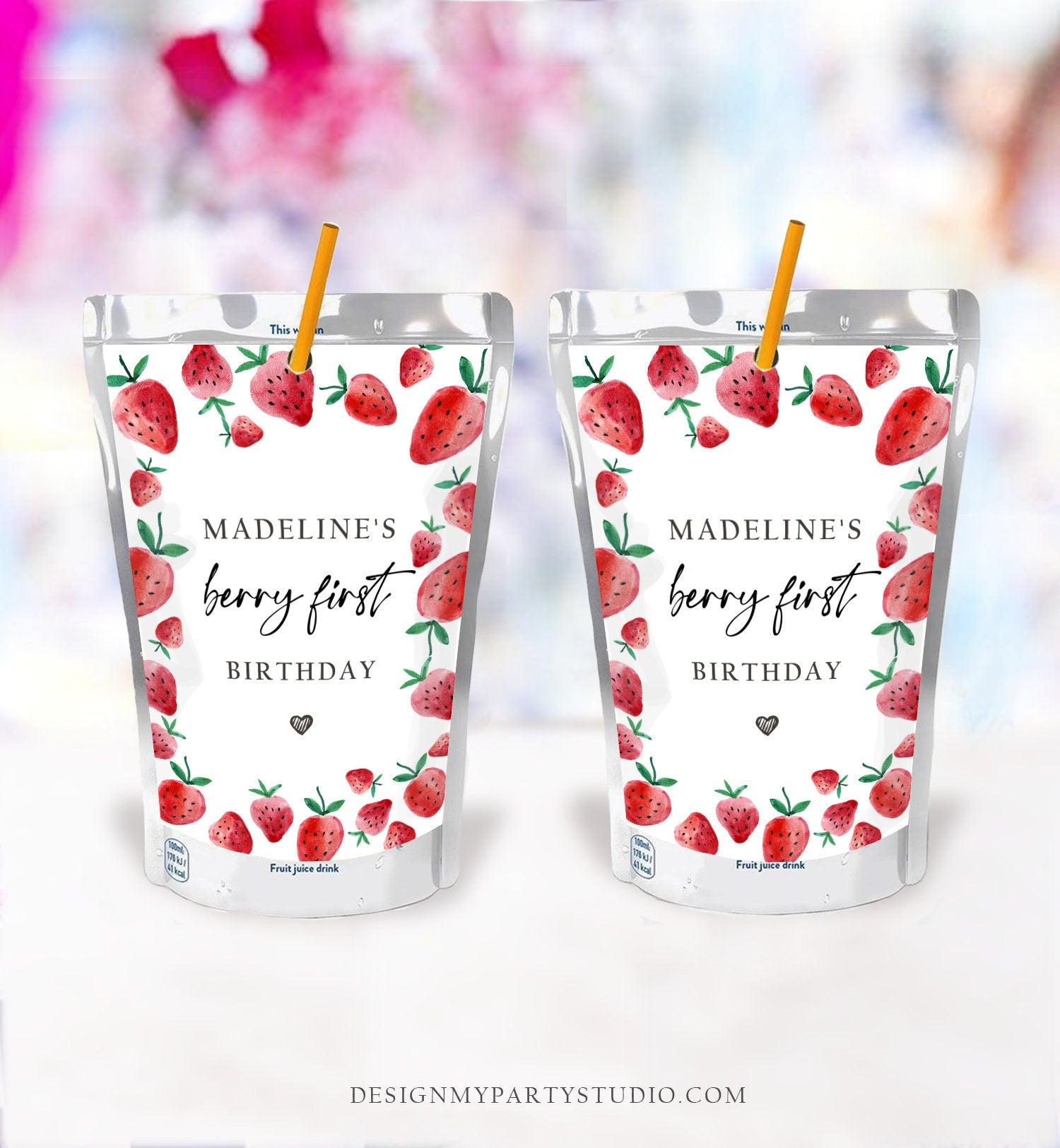 Editable Strawberry Juice Pouch Label Juice Favors Strawberry Birthday Party Girl Berry Sweet Download Digital Template Printable 0399