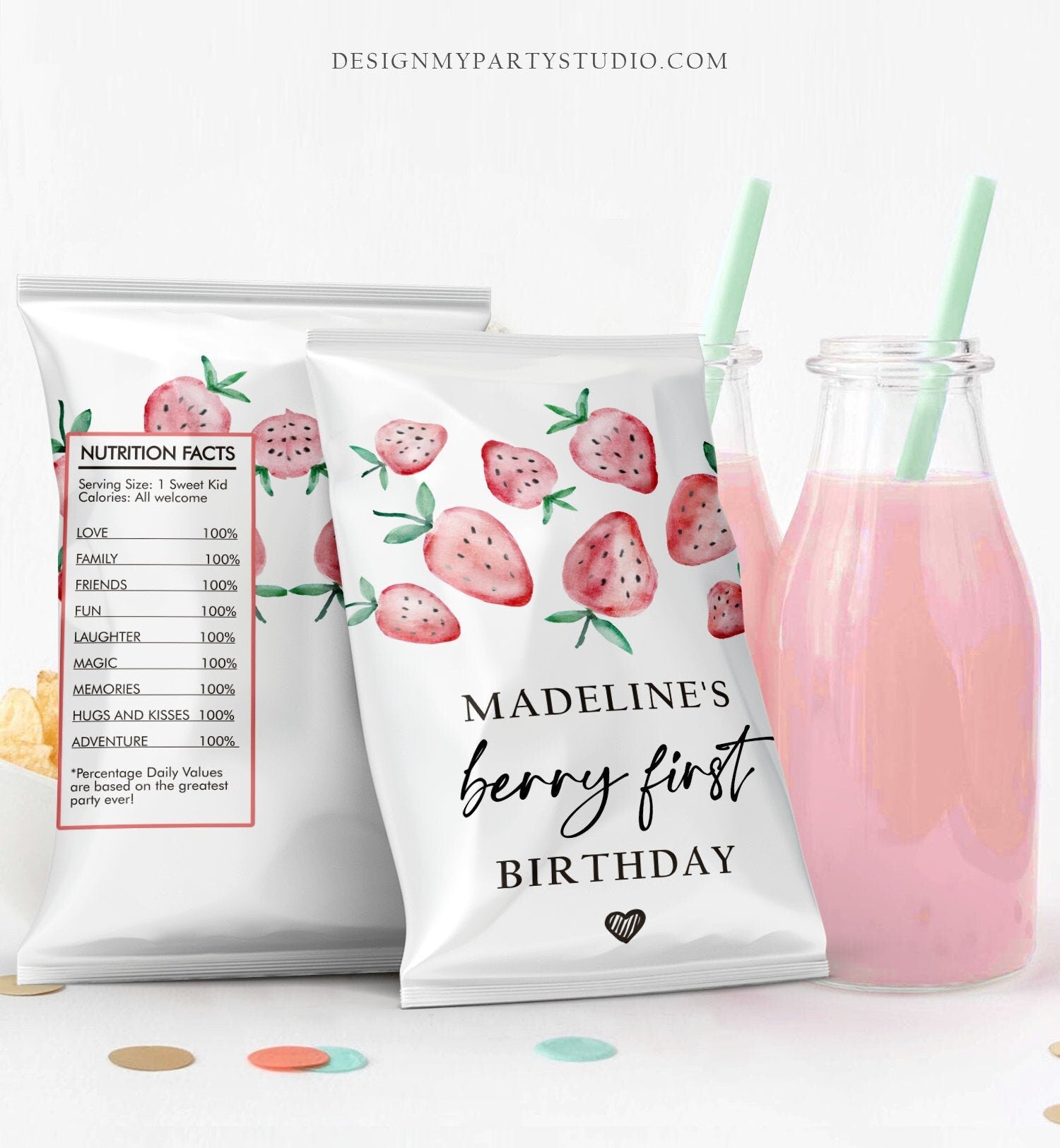 Editable Strawberry Chip Bag Berry First Birthday Party Decor Strawberry Party Berry Sweet Snack Favors Download Digital Template 0399