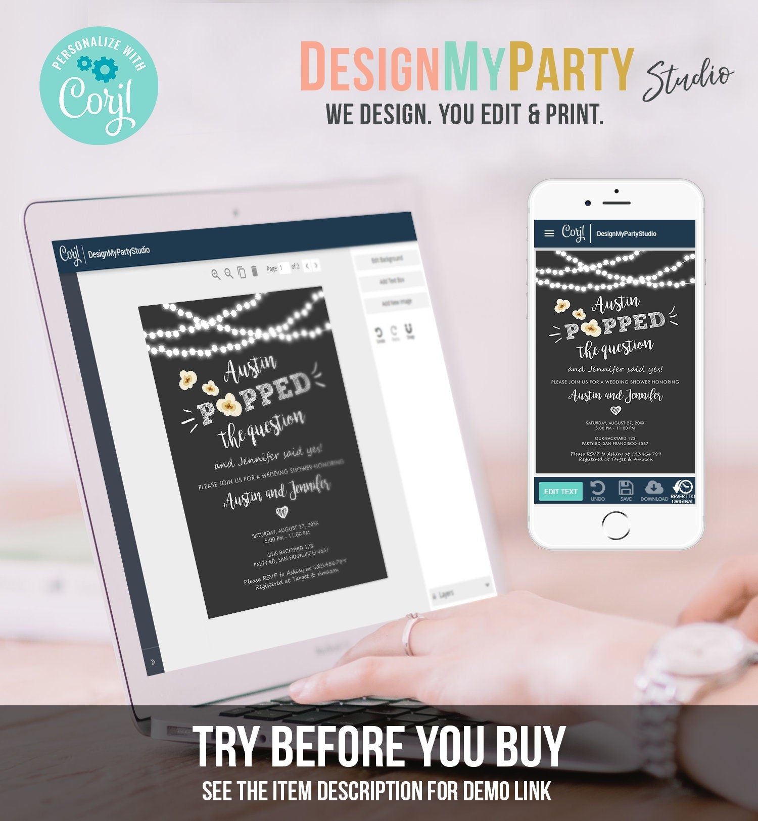 Editable Popped the Question Engagement Party Invitation Couples Shower Rustic Wedding String Lights Popcorn Corjl Template Printable 0110