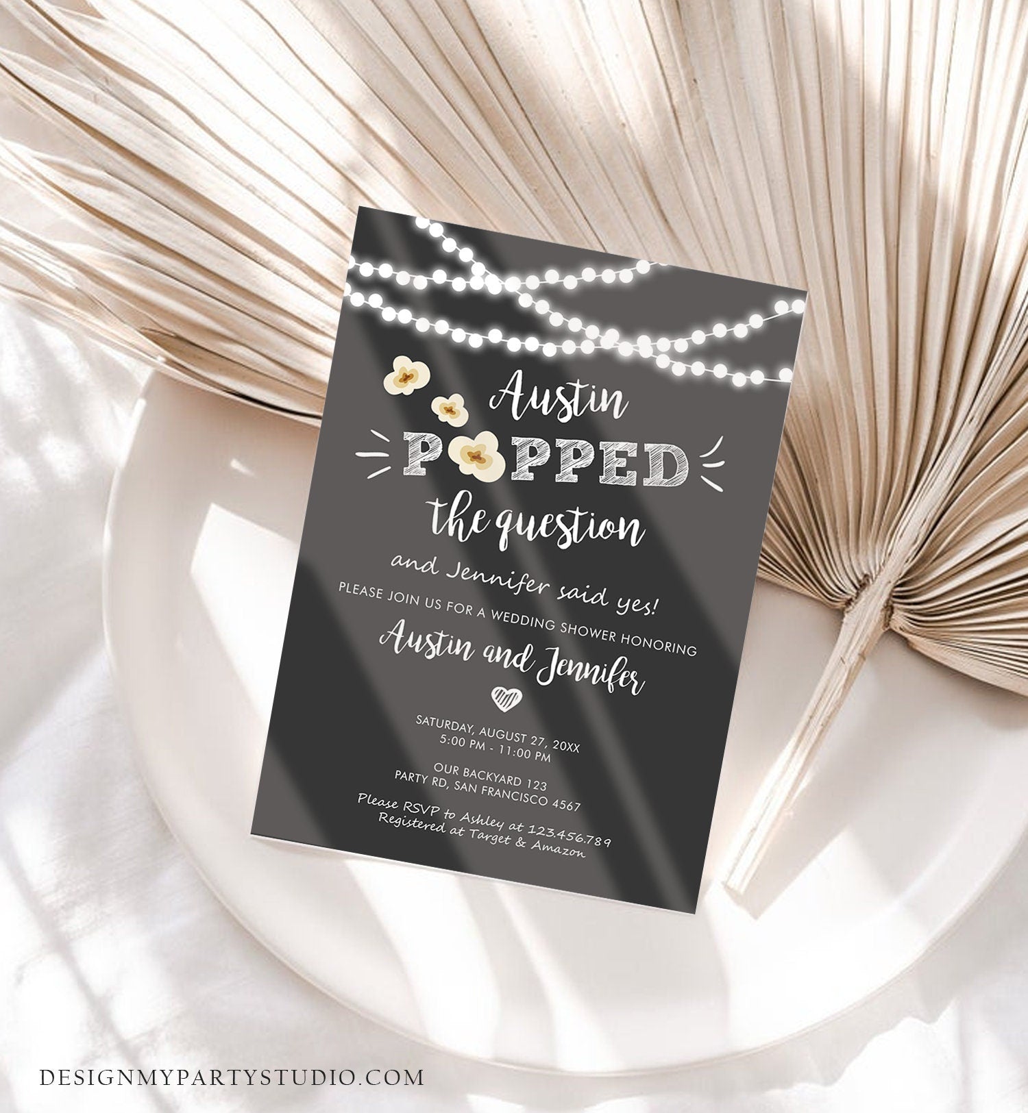 Editable Popped the Question Engagement Party Invitation Couples Shower Rustic Wedding String Lights Popcorn Corjl Template Printable 0110