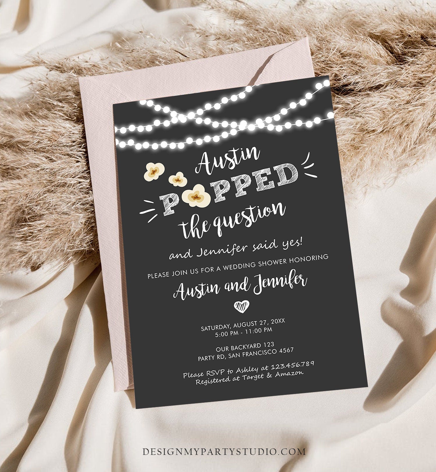 Editable Popped the Question Engagement Party Invitation Couples Shower Rustic Wedding String Lights Popcorn Corjl Template Printable 0110