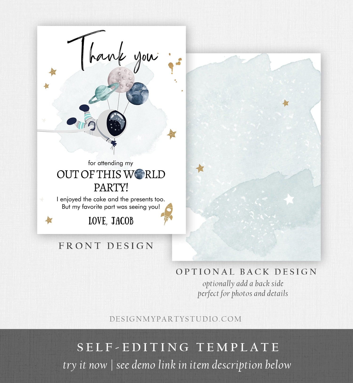 Editable Space Birthday Thank You Card Space Astronaut Galaxy Thank You Note Planets Boy Blue Download Printable Template Digital Corjl 0366