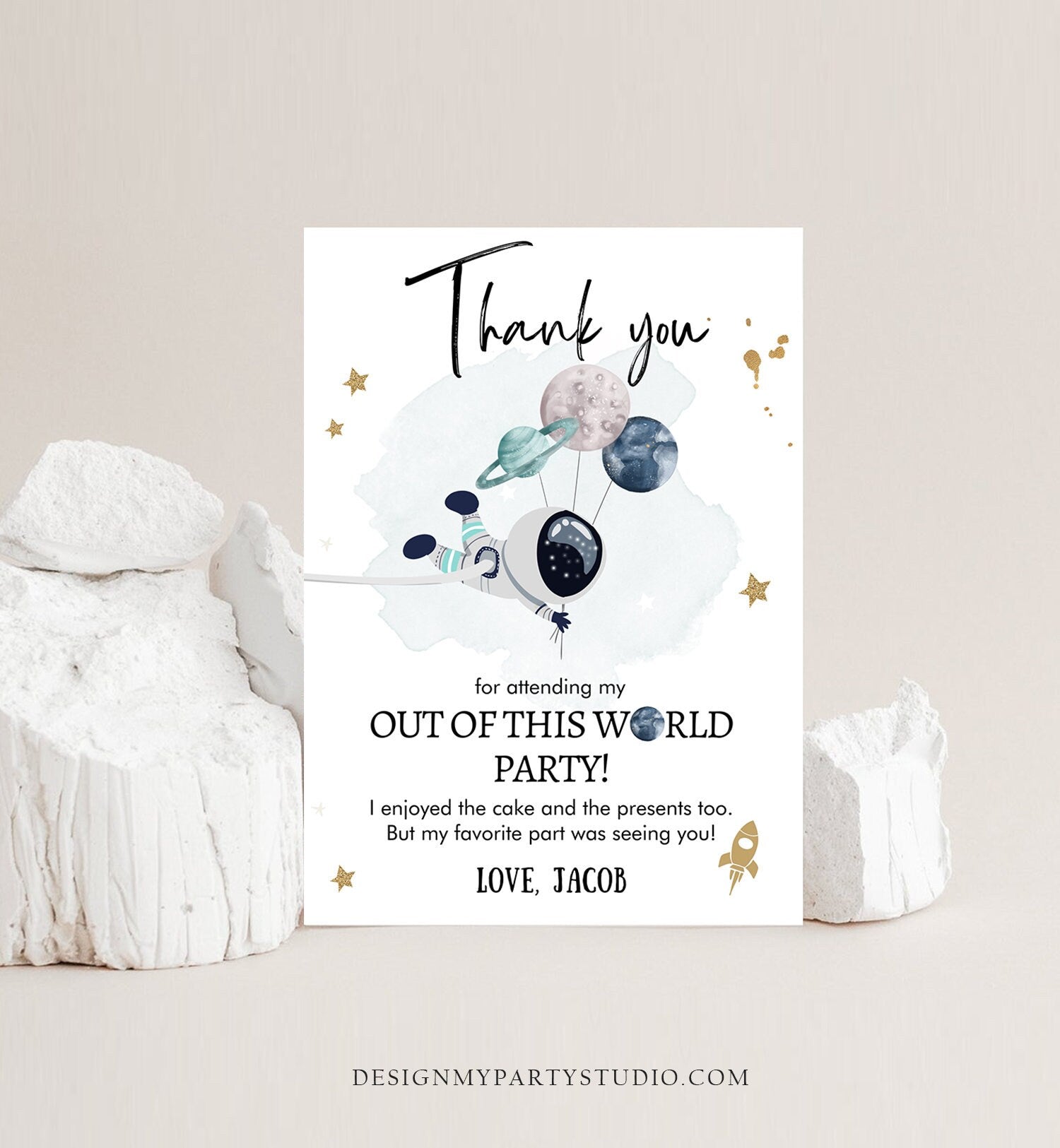 Editable Space Birthday Thank You Card Space Astronaut Galaxy Thank You Note Planets Boy Blue Download Printable Template Digital Corjl 0366